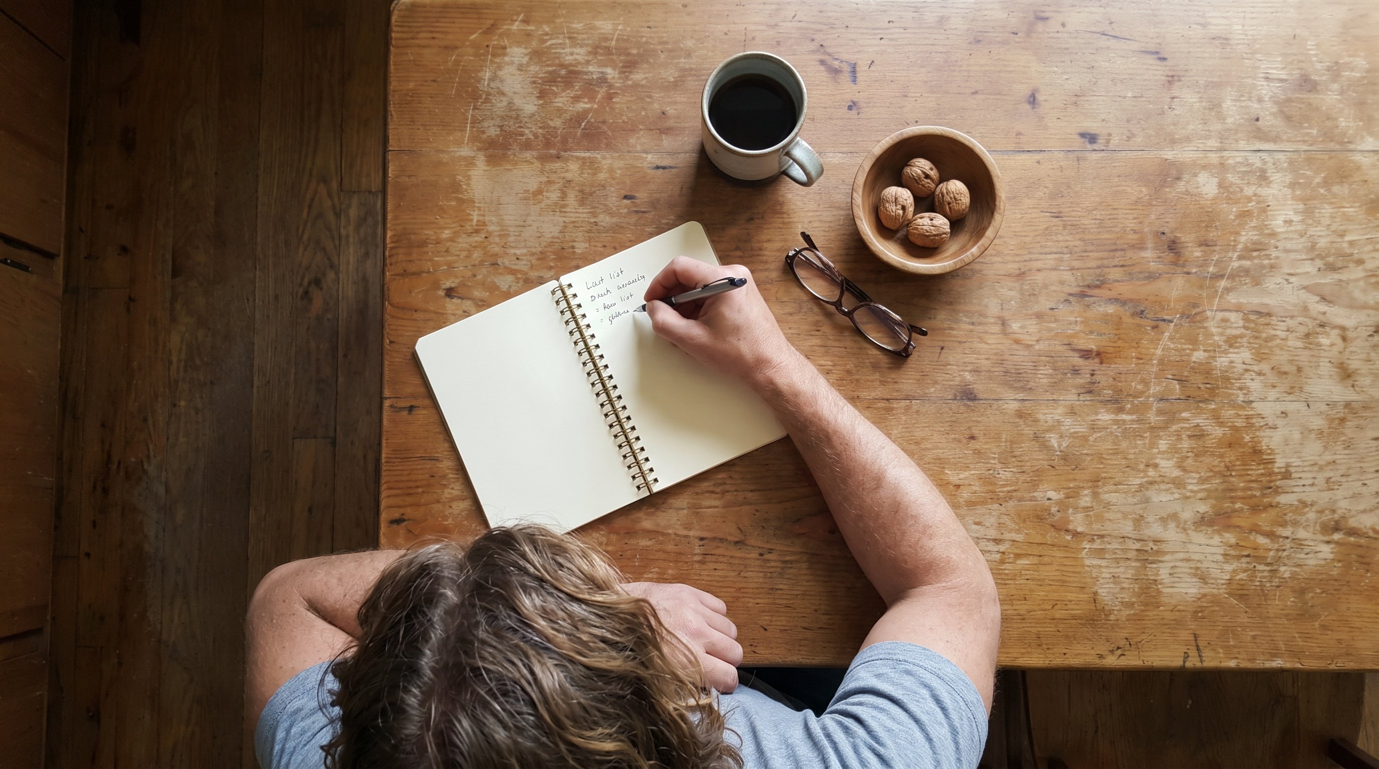 person writing a short list in a notebook at a kitchen table