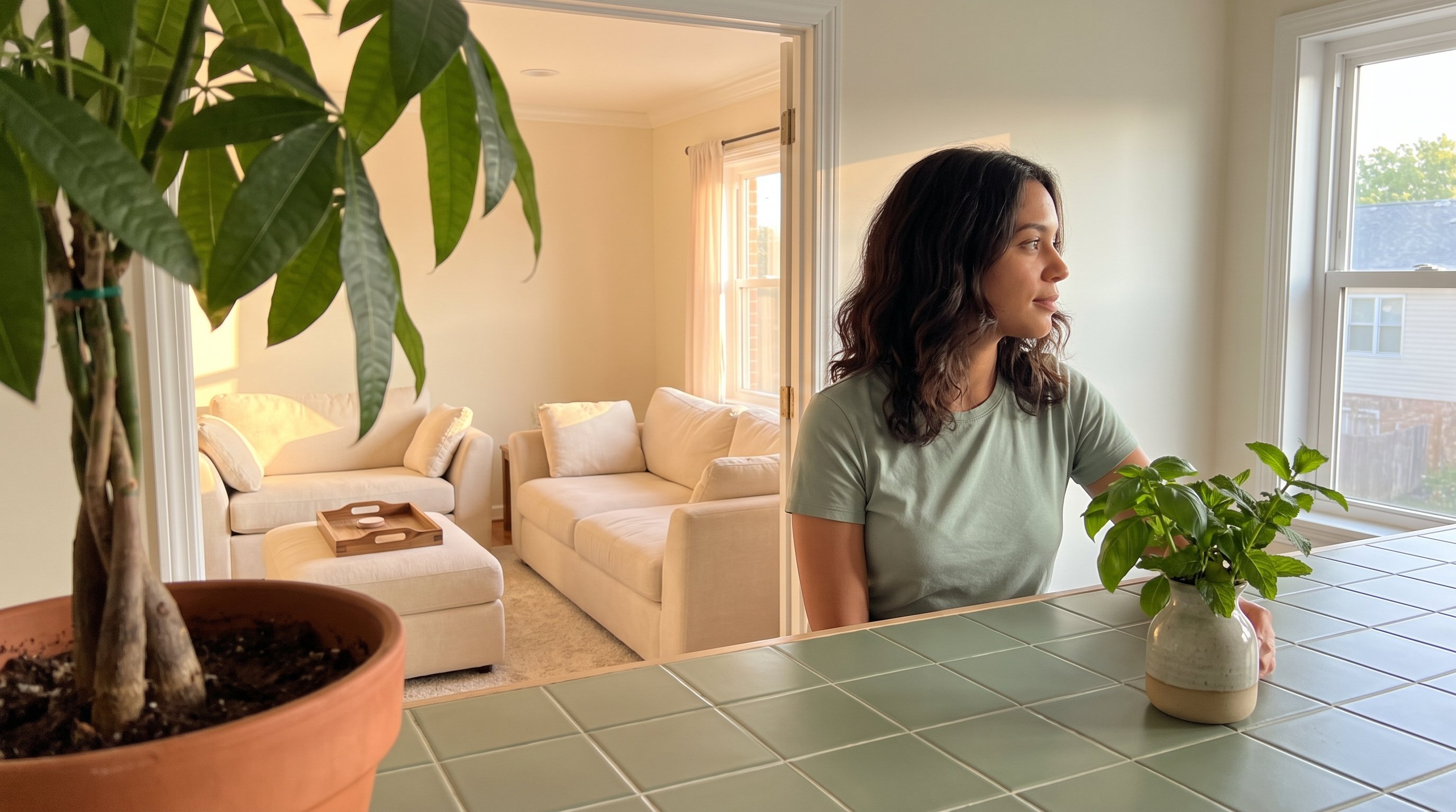 A woman in her late 20s in a soft knit at a kitchen table
