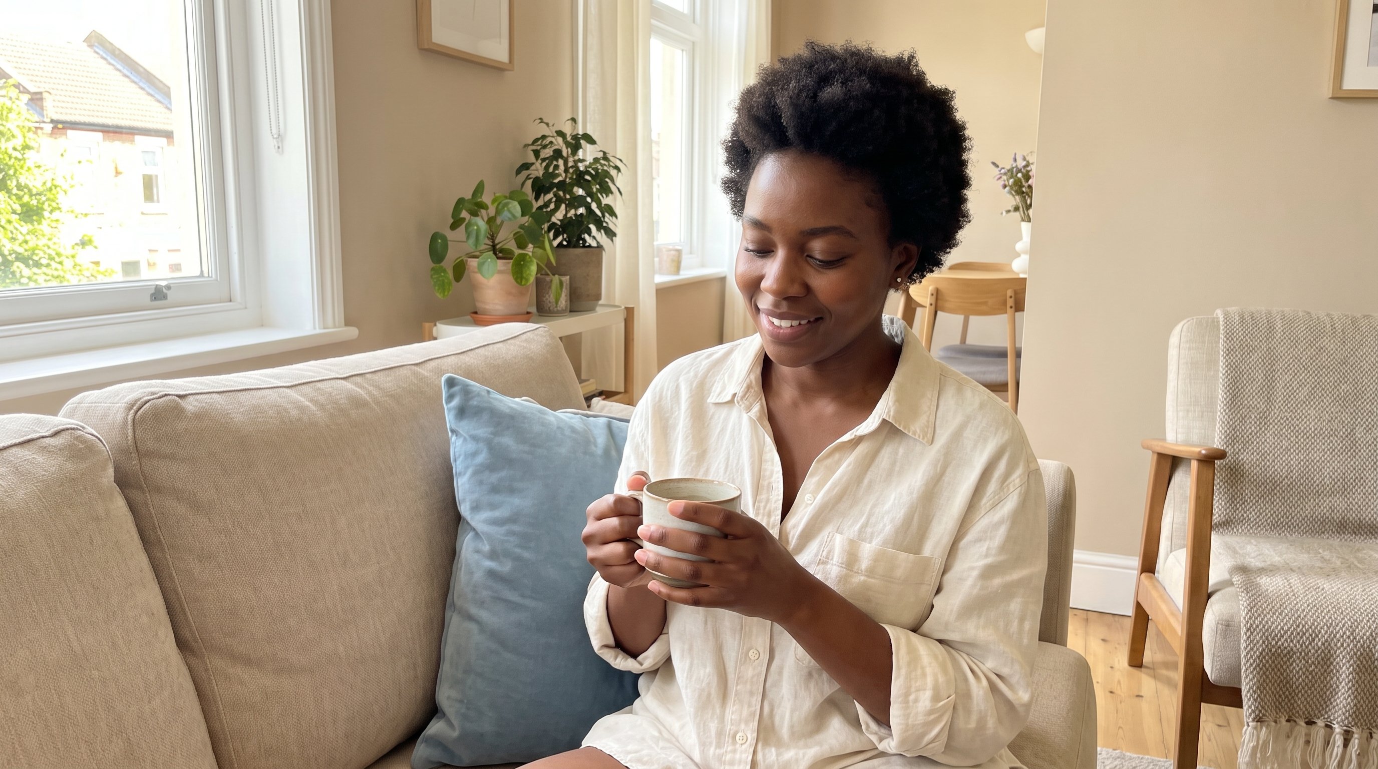 A woman in her late 20s in a soft knit in a cozy living room in the evening