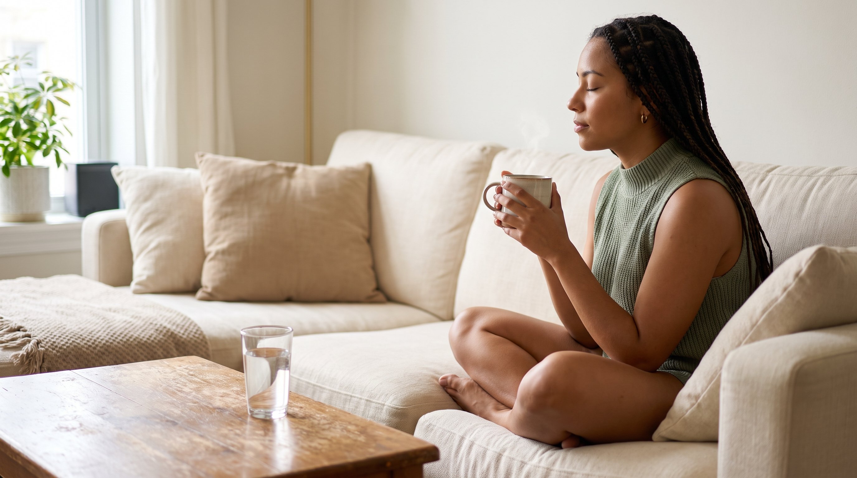 A woman in her late 20s in a soft knit sitting on the sofa with a mug of tea and her eyes closed