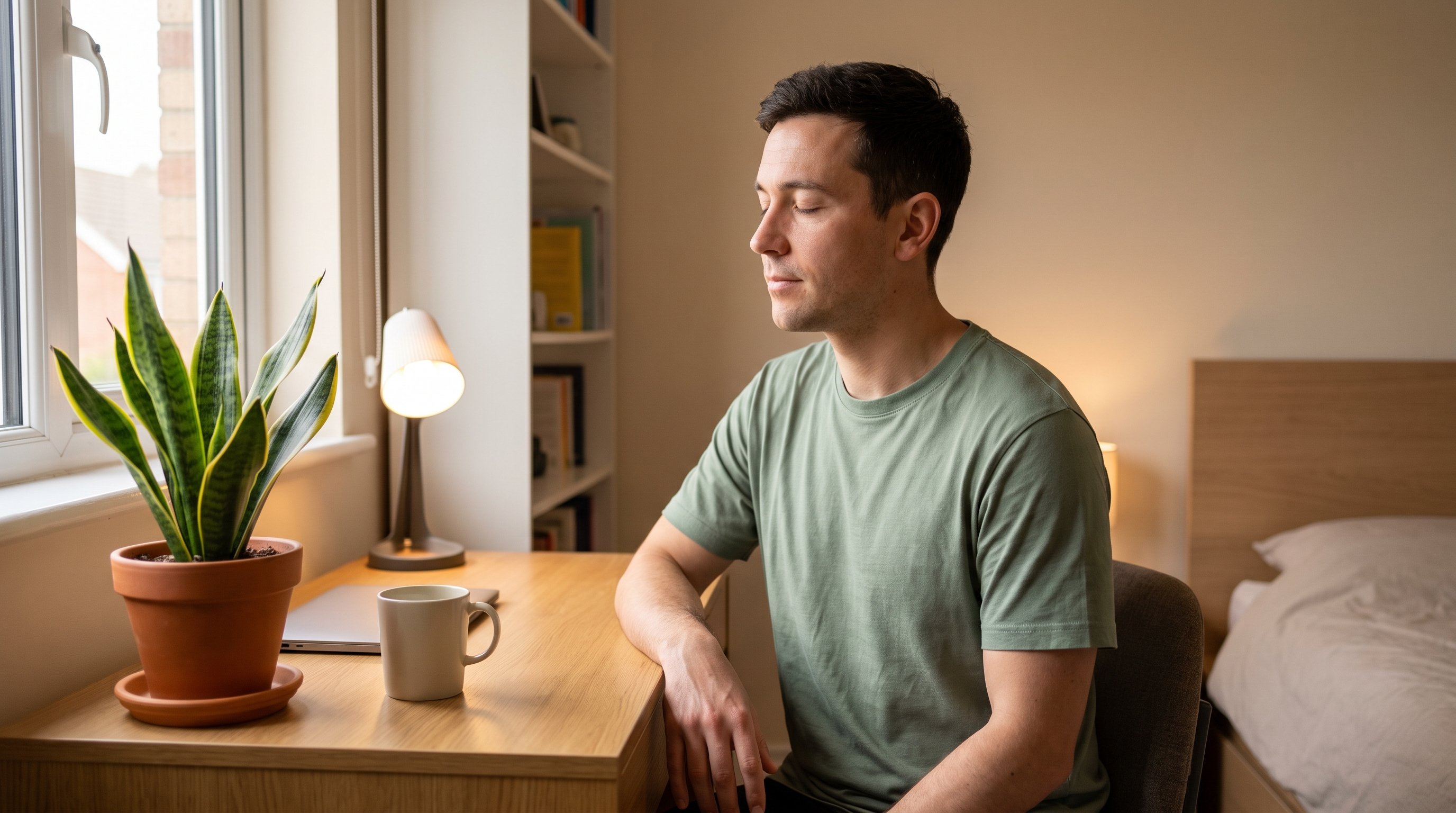 person pausing at a desk and closing their eyes for a moment