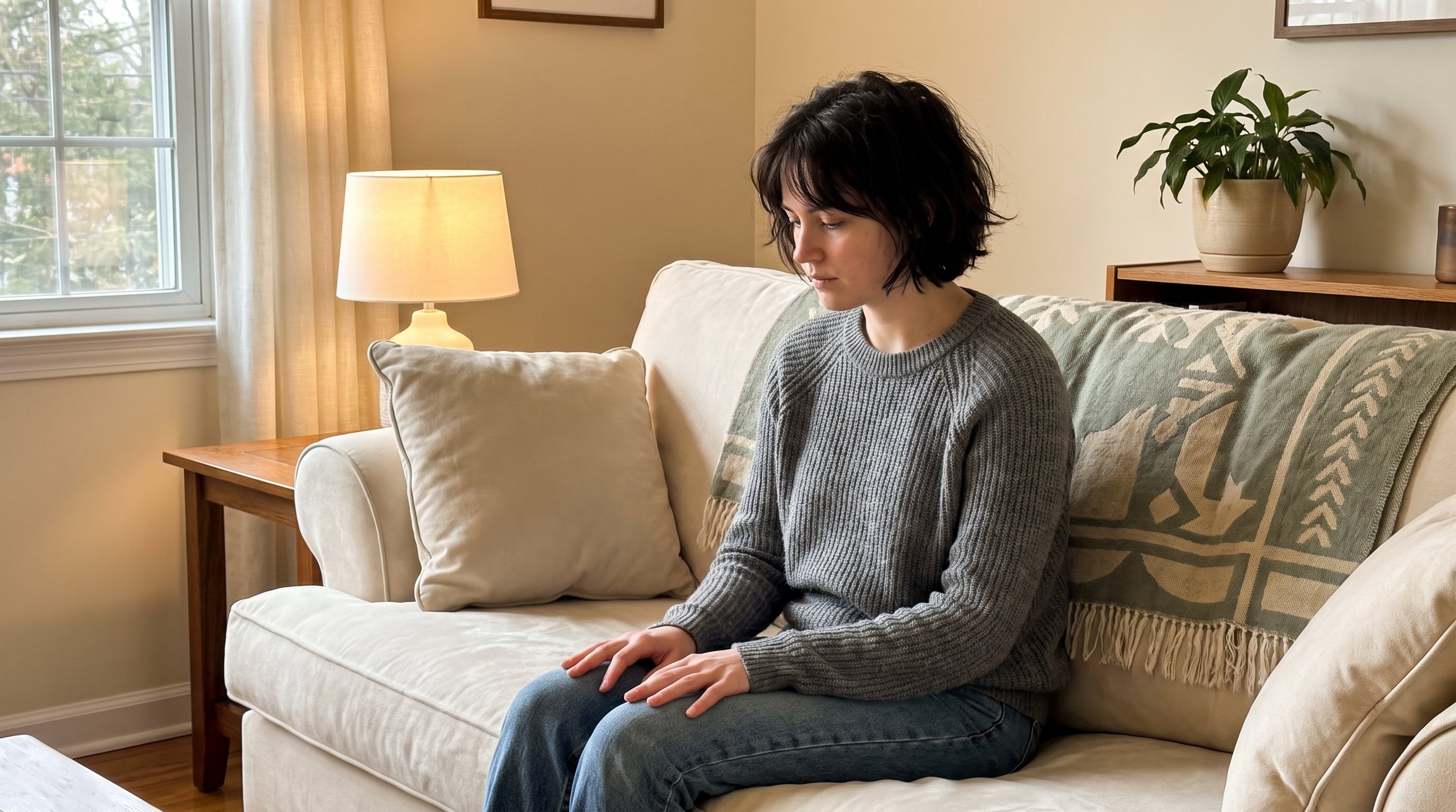 person sitting quietly with phone in hand on a sofa