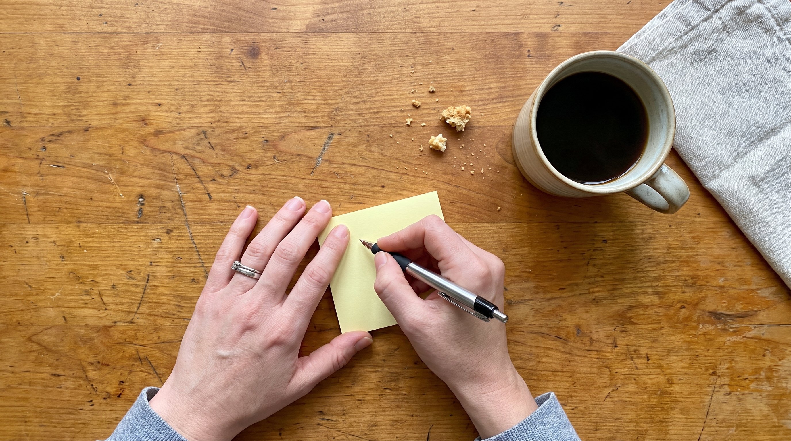 person writing a short note on a sticky pad at a desk