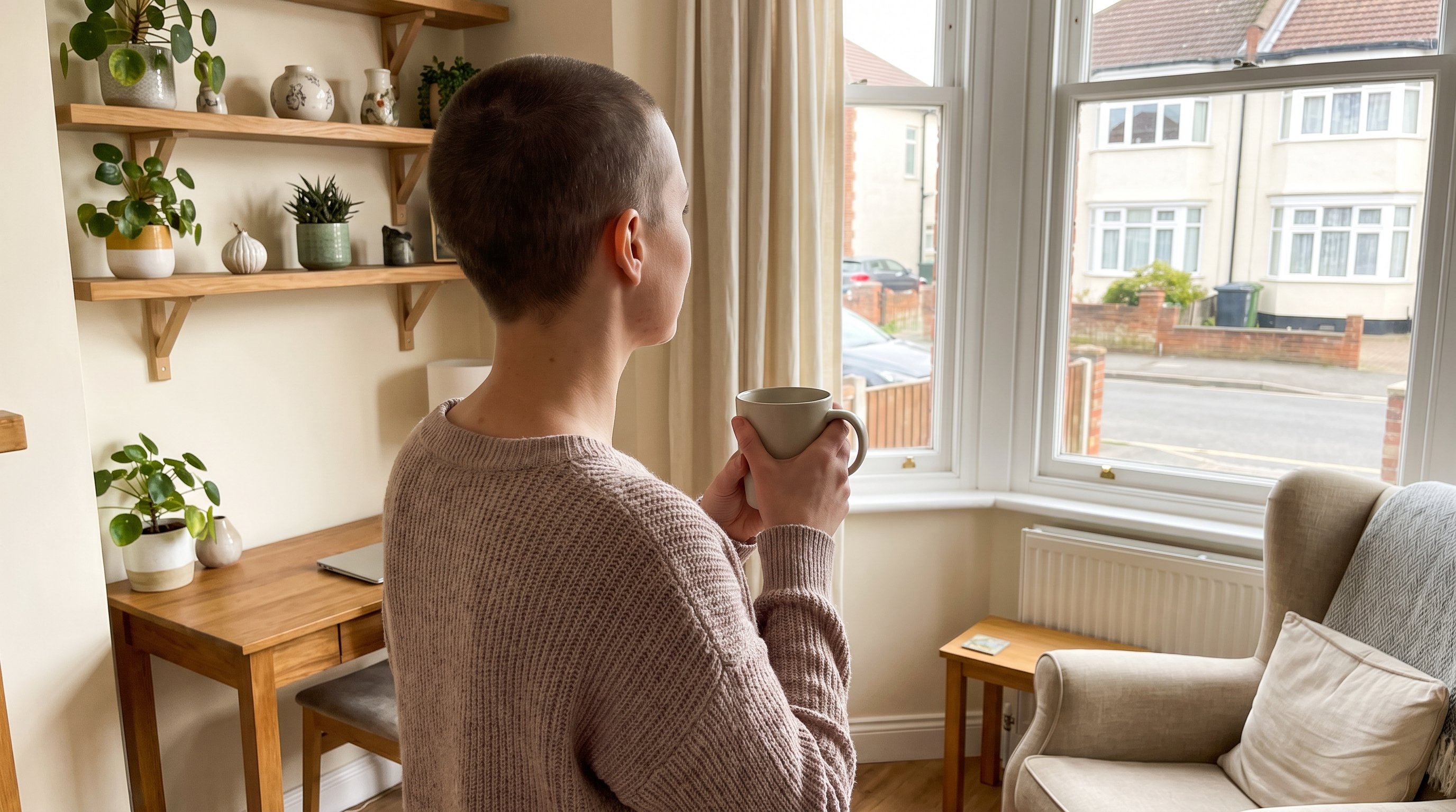 Person standing by a window holding a mug before starting the workday