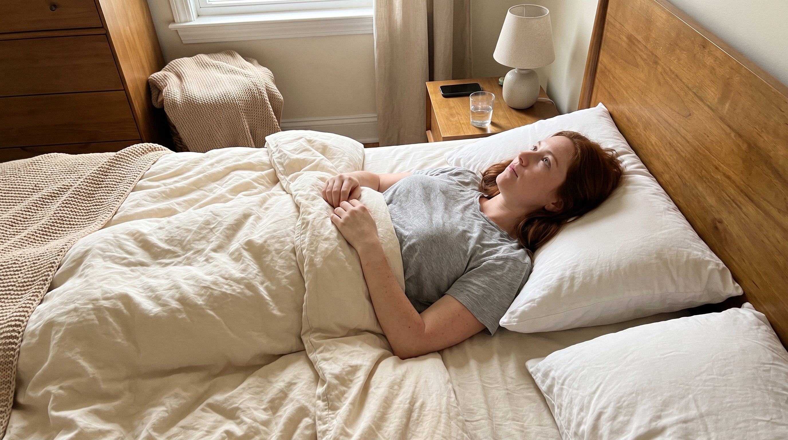 person lying awake staring at ceiling in dark bedroom person lying awake staring at ceiling in dark bedroom