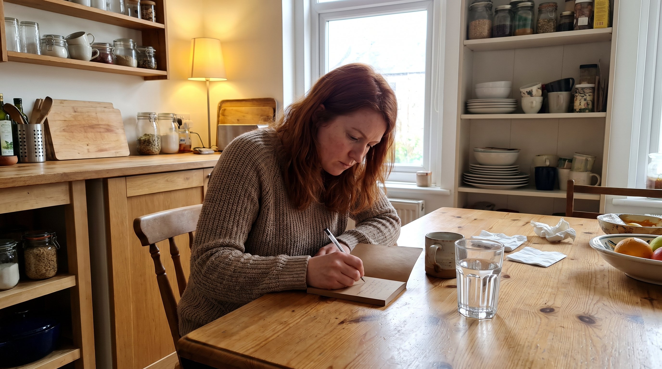 person writing in small notebook at kitchen table in evening light