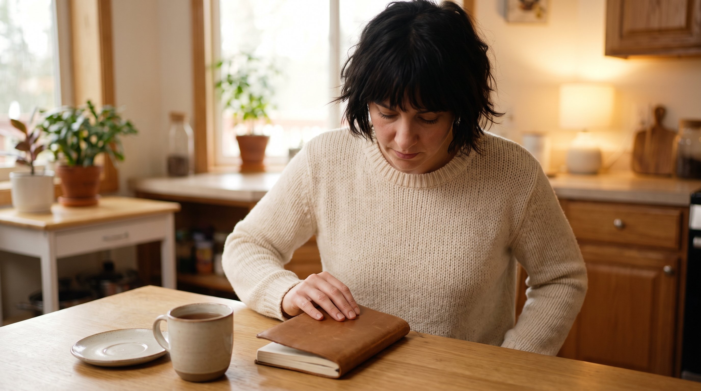 Person closing a laptop at a kitchen table in the evening