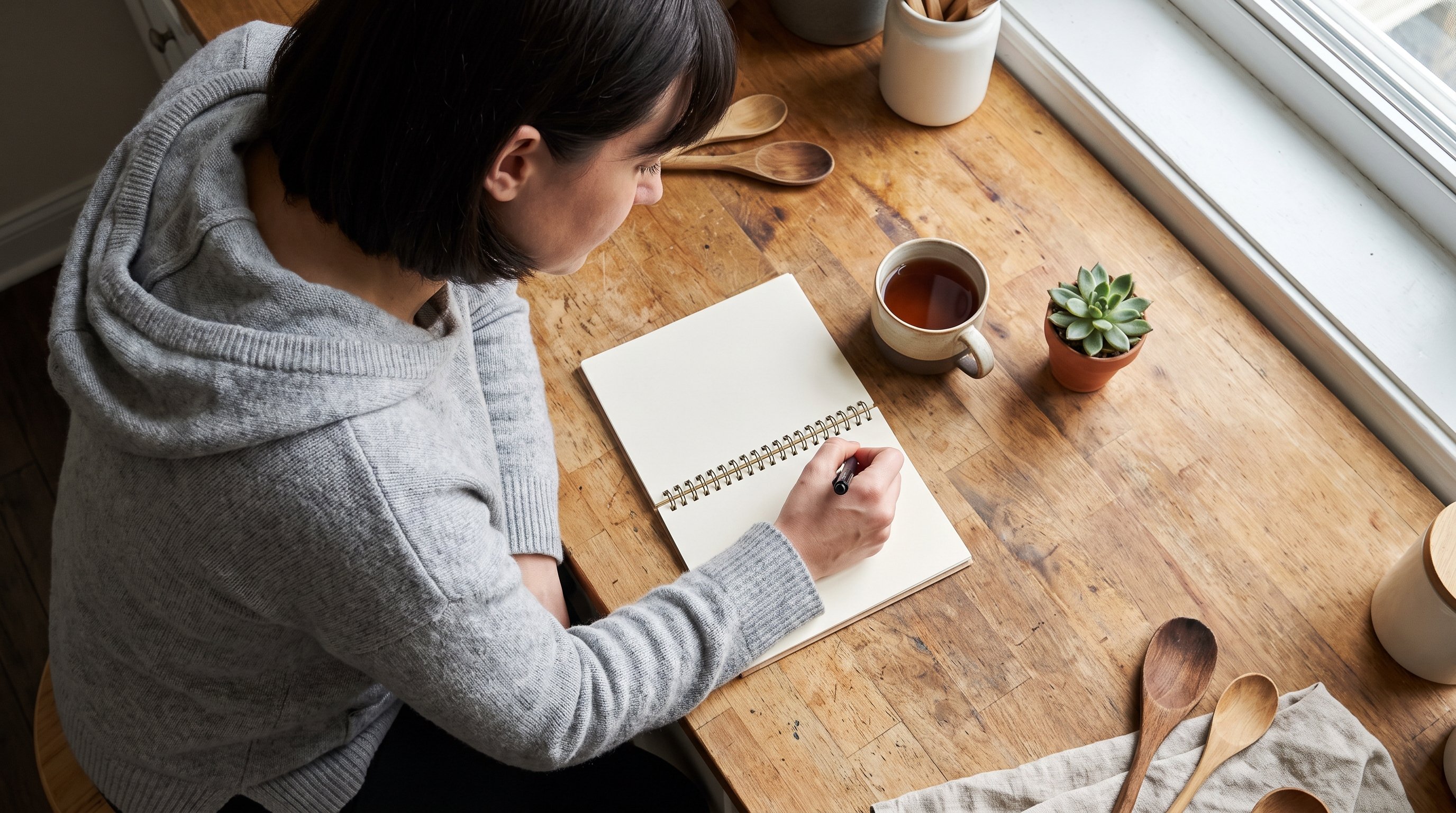 Person writing a short to-do list in a notebook at a kitchen counter