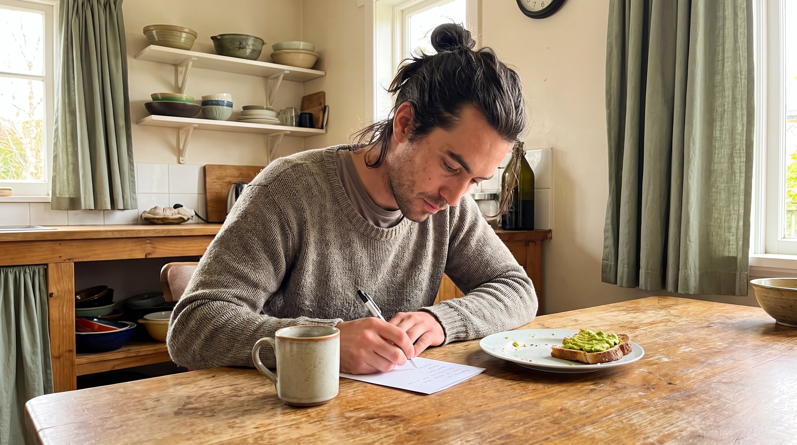 person writing a short list at a kitchen table in the evening