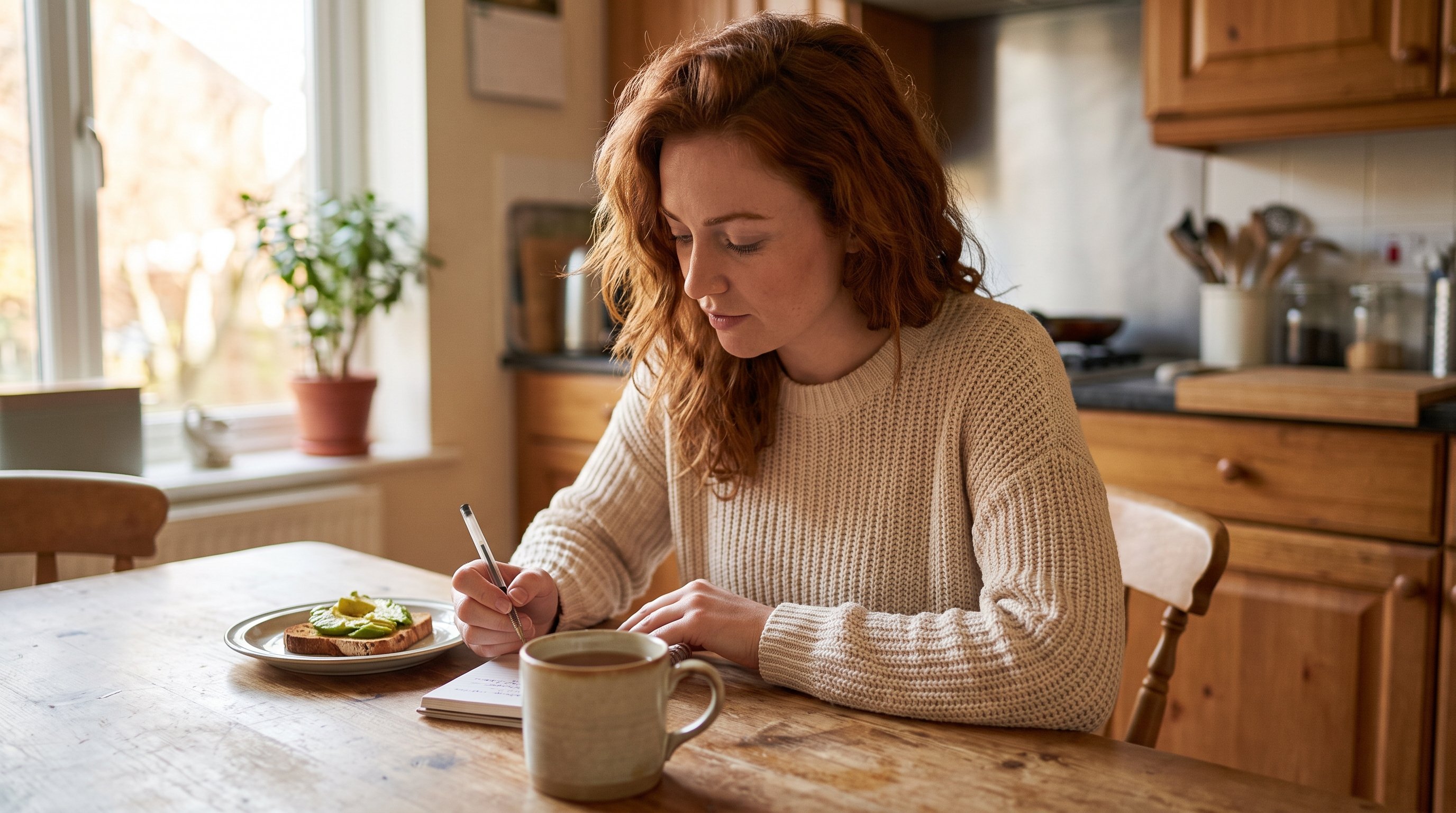 person writing in a small journal at a kitchen table in the evening