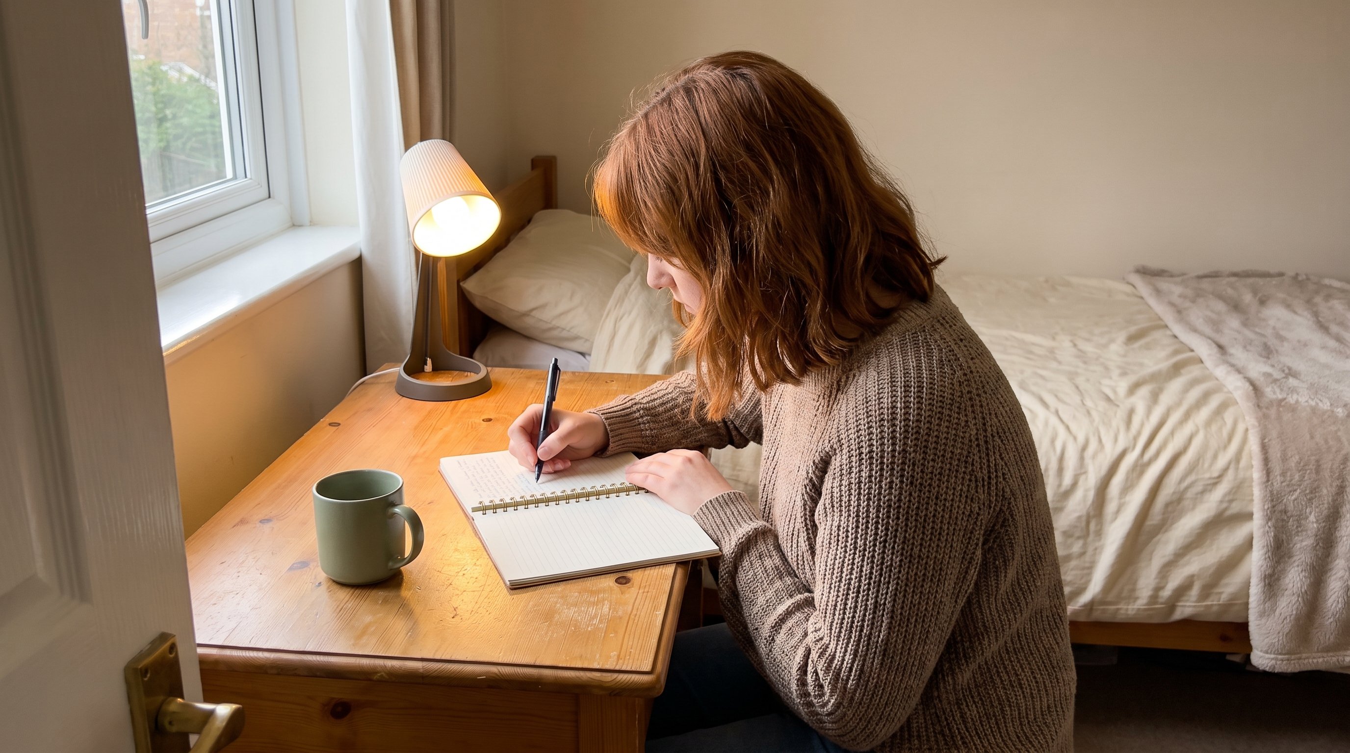 open notebook and pen on a wooden desk