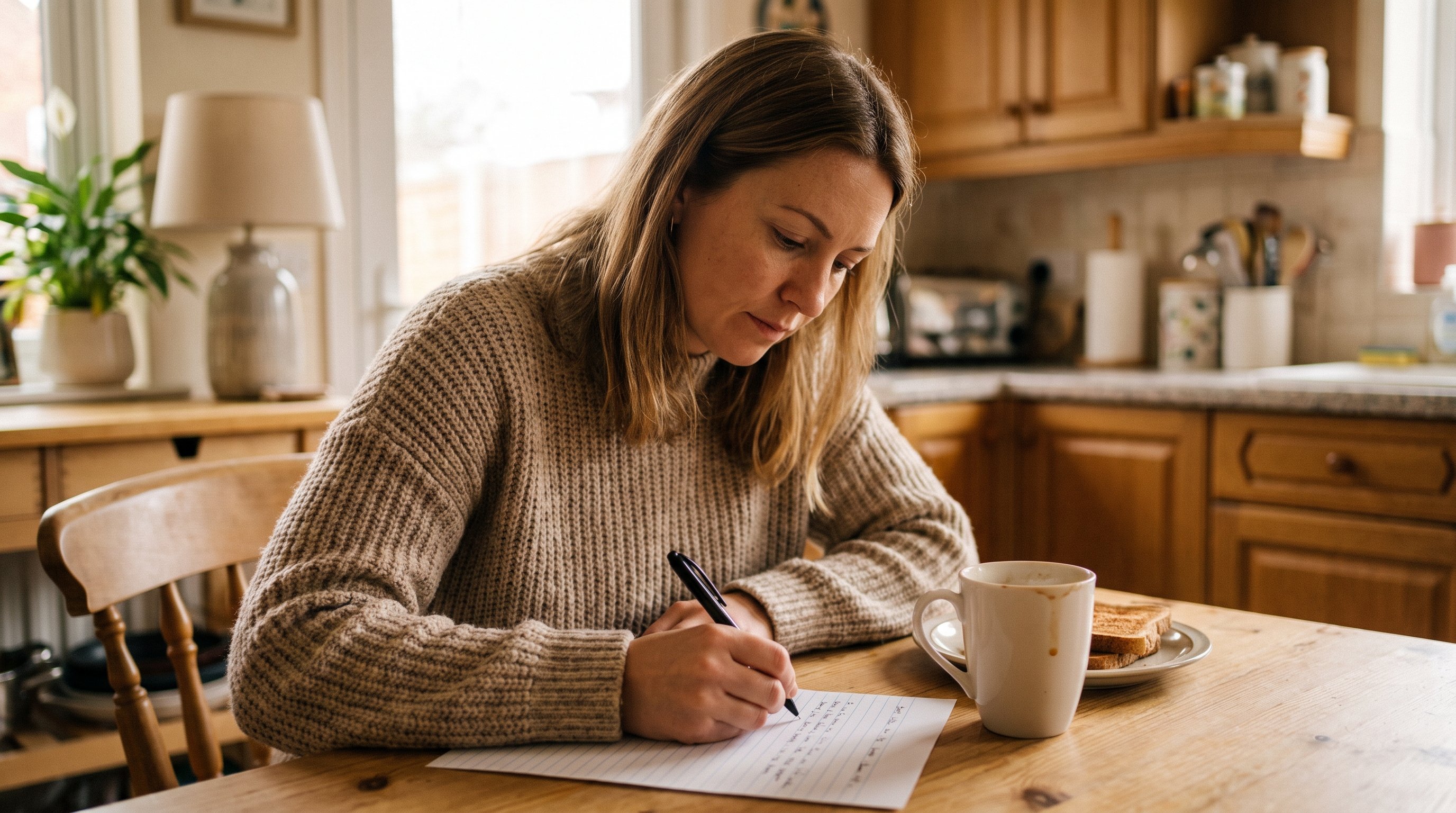 person checking off a simple paper habit tracker at a kitchen table