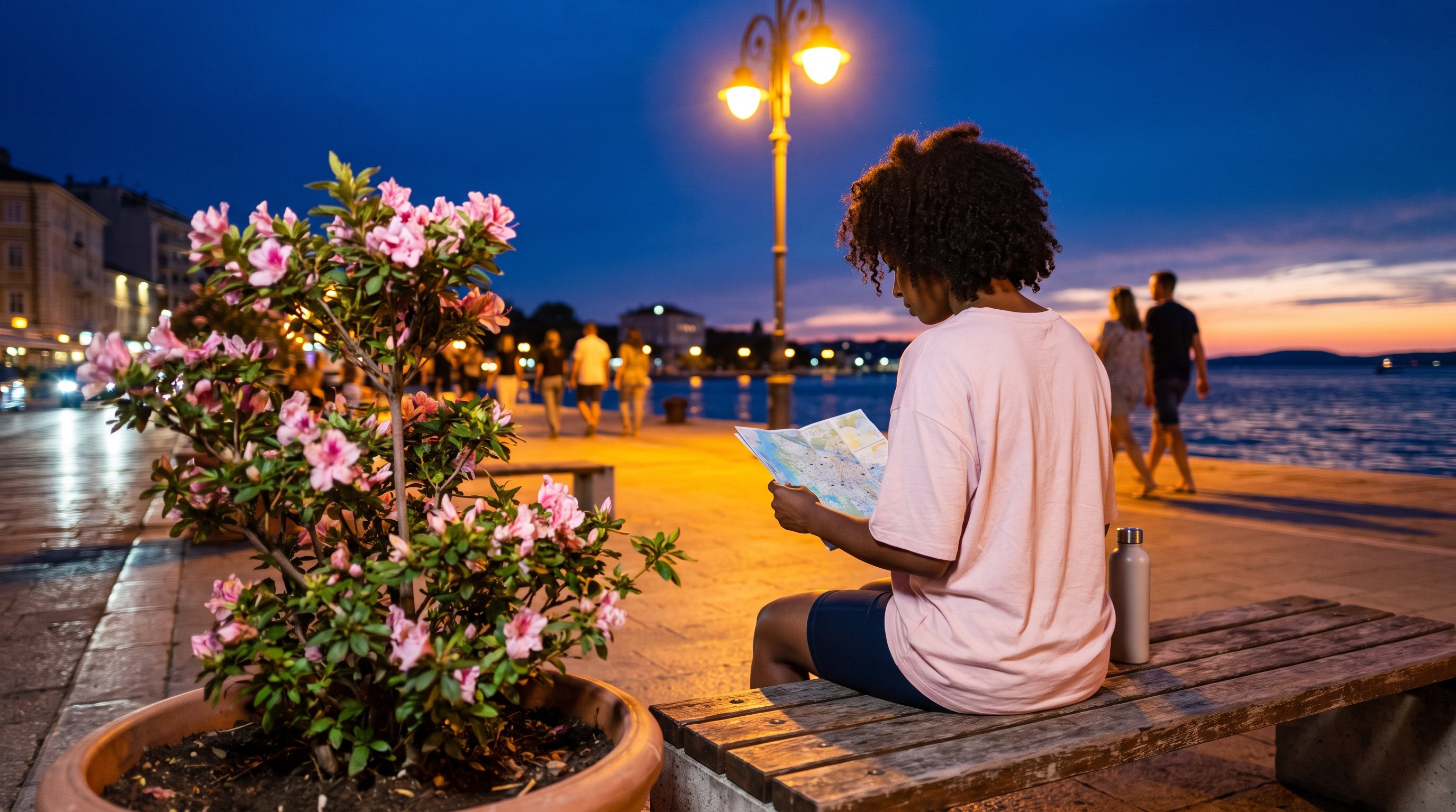 woman checking her phone on a park bench during a lunch break