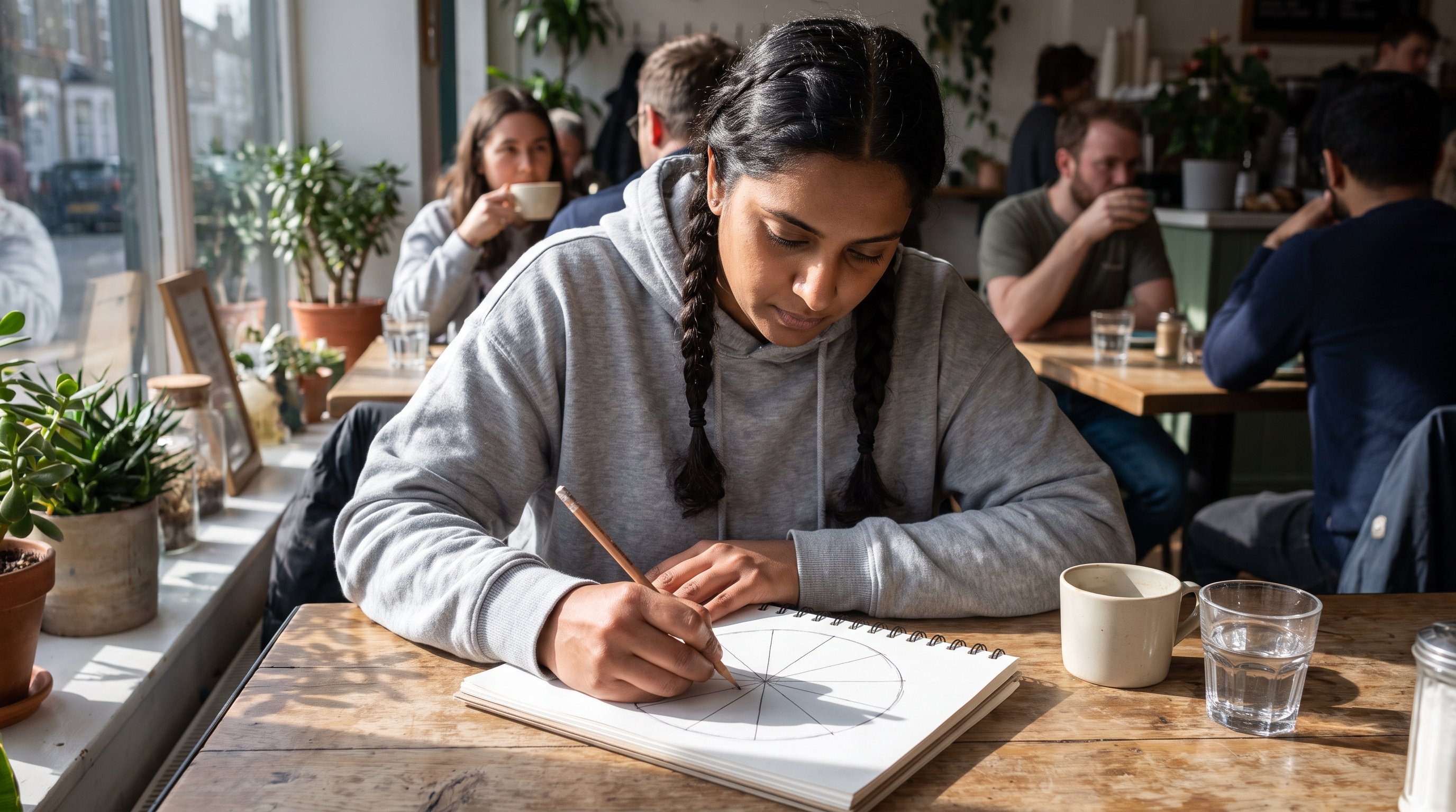 person sketching a circular chart divided into twelve sections on paper