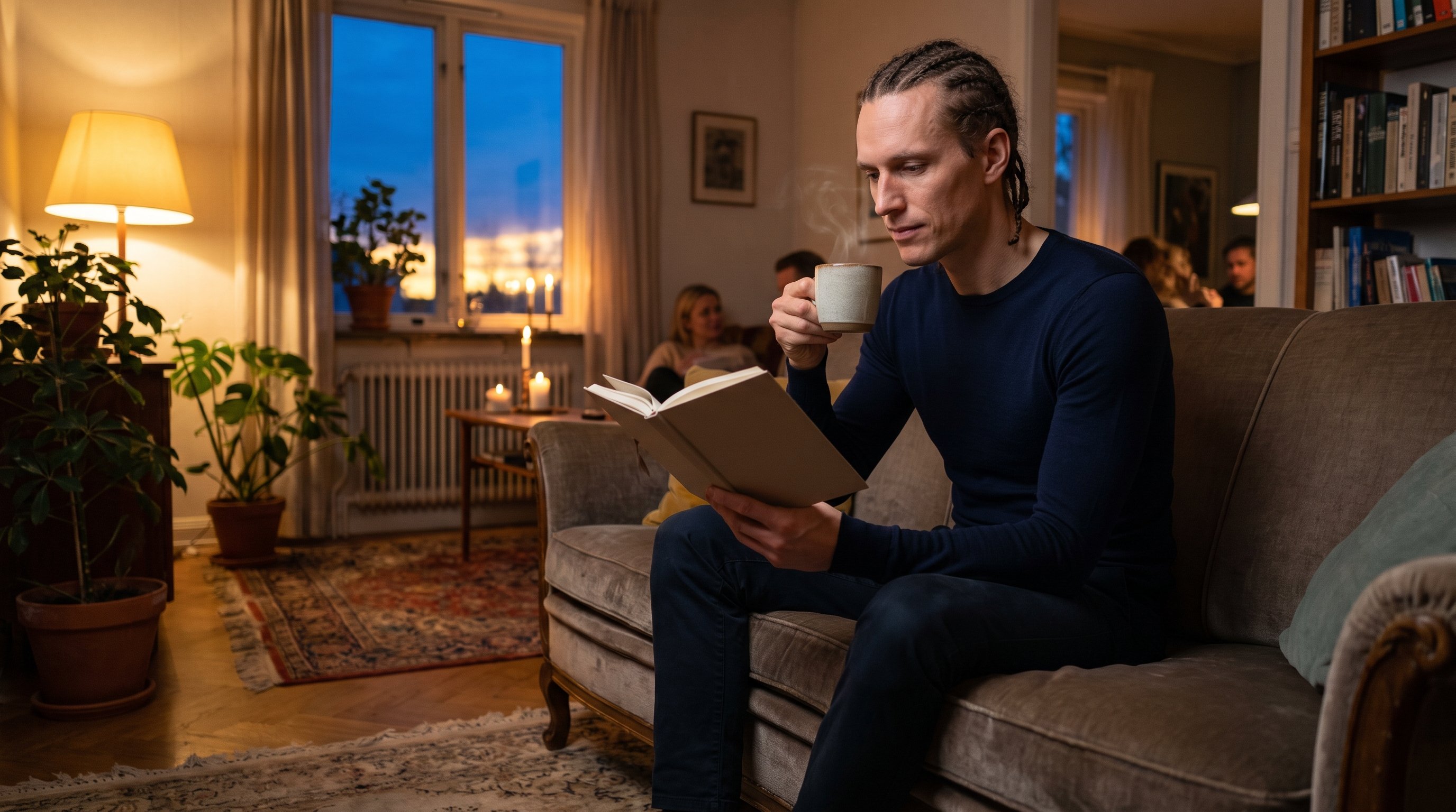 person sitting with tea and open notebook at kitchen table in morning light
