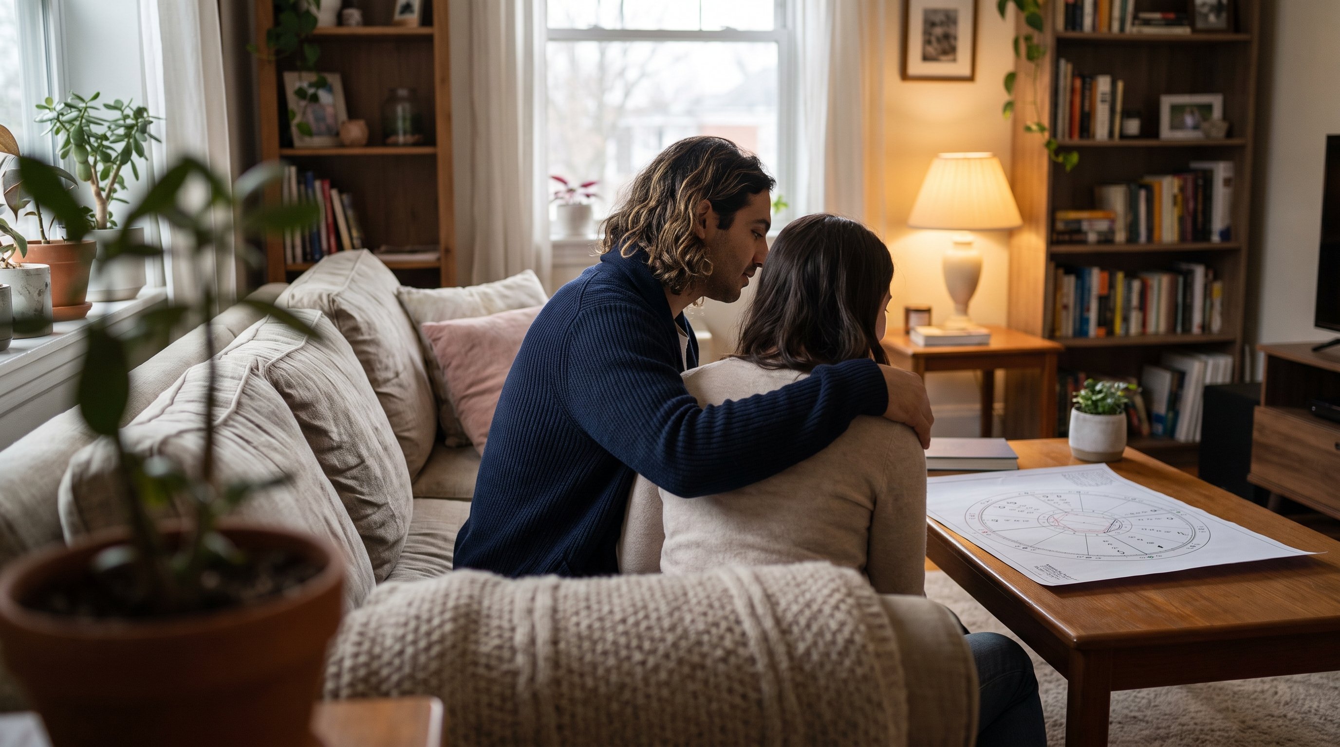 couple reviewing a chart printout together on a sofa