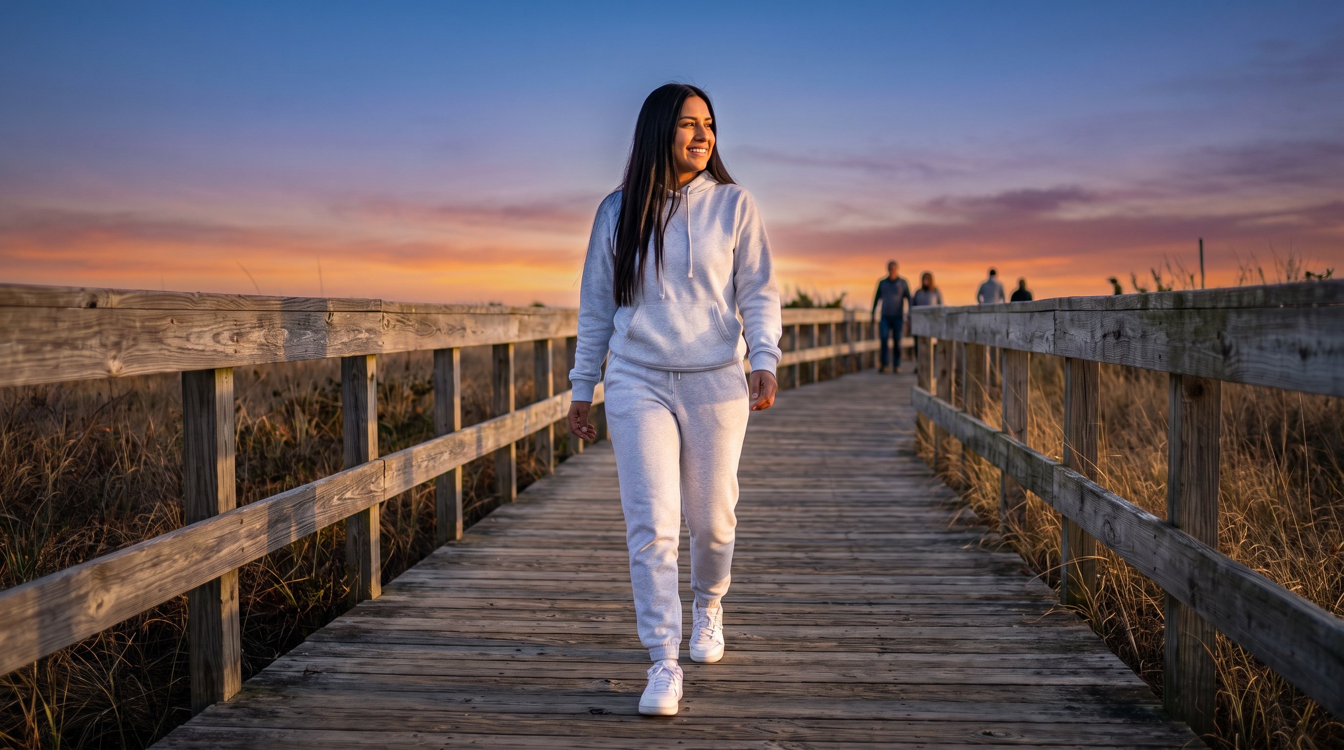 A woman in her 20s walking along a boardwalk at sunset, smiling to herself