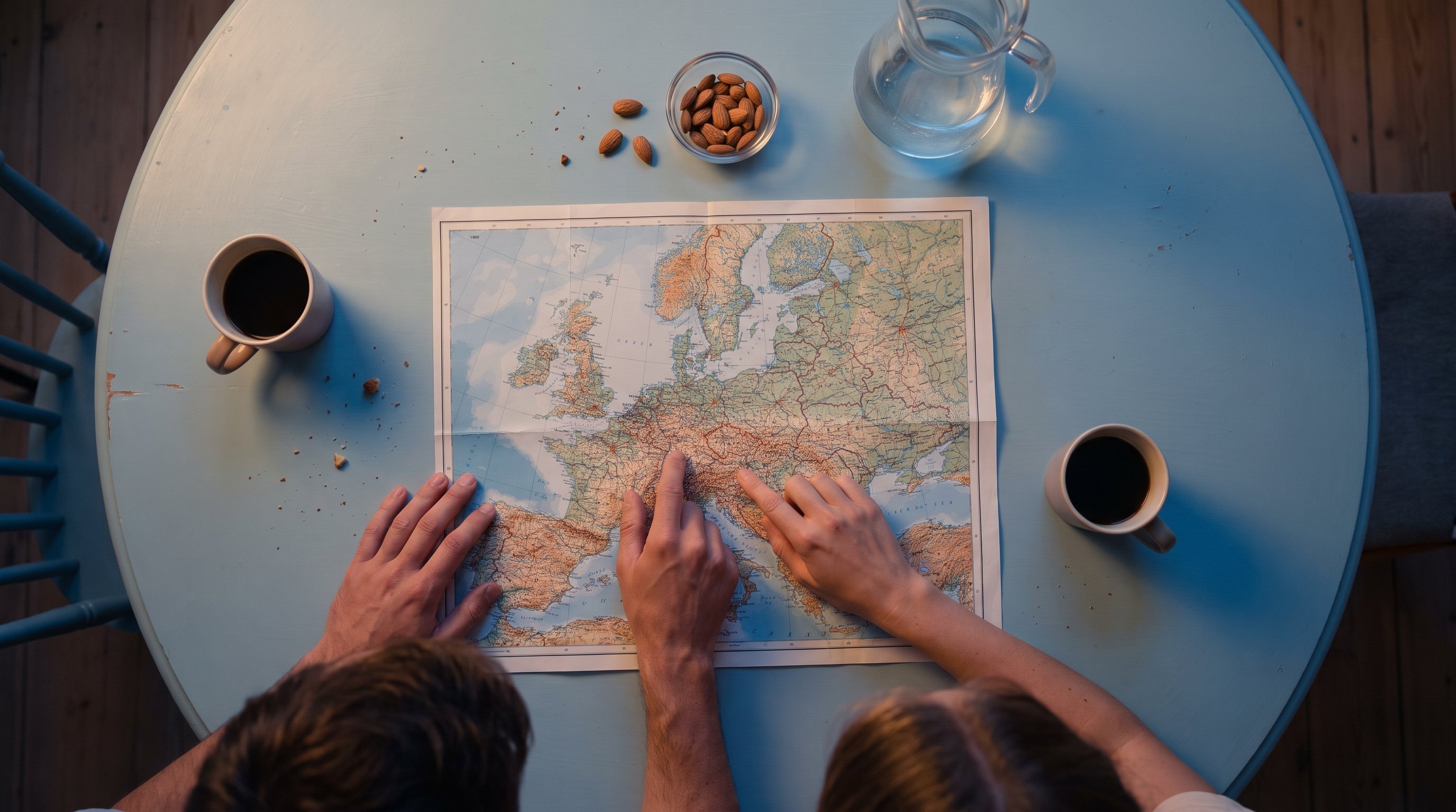 two friends planning a trip over a map at a kitchen table