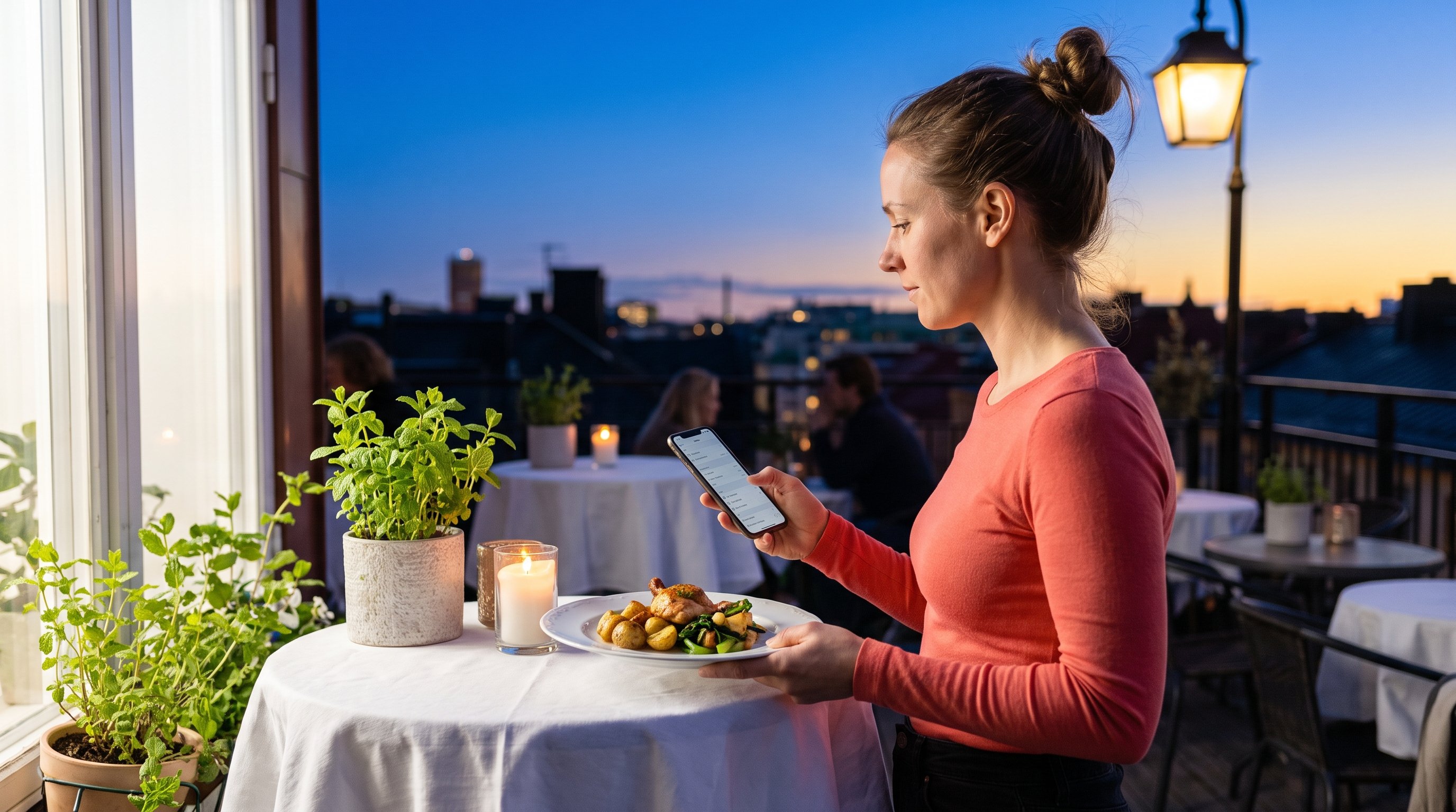 Person holding a phone with a settings screen open at a kitchen table