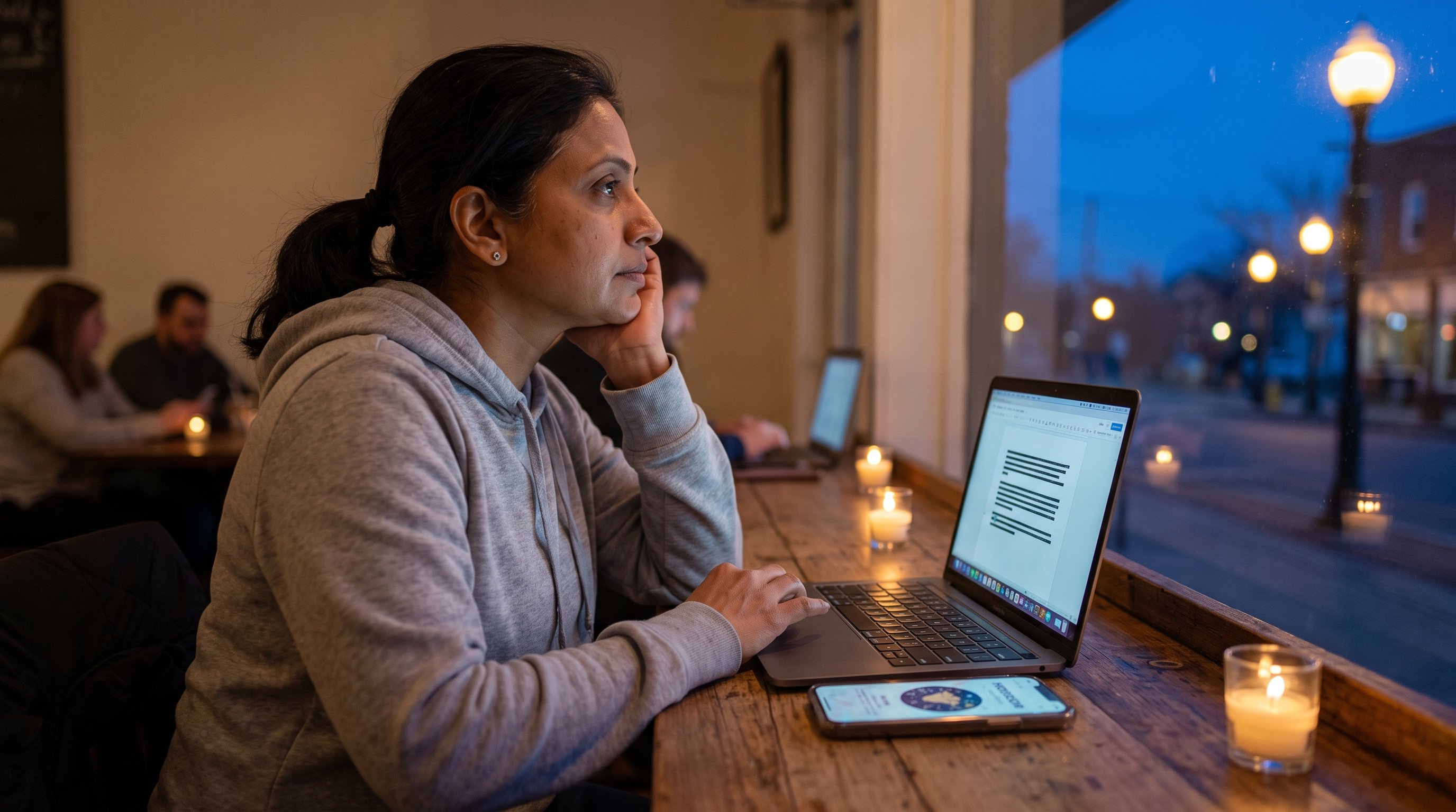 Person typing an email on a laptop next to a phone showing a horoscope