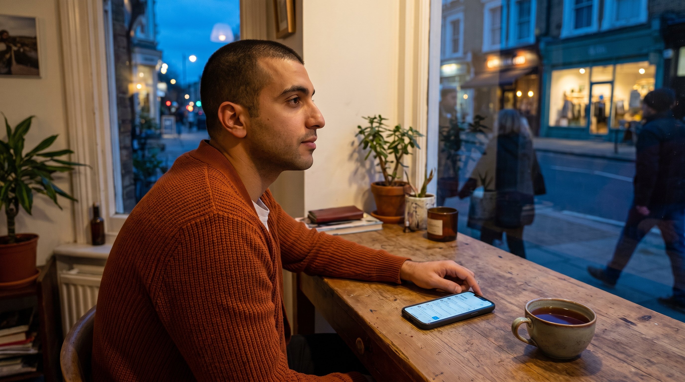Phone showing an email inbox beside a cup of tea on a wooden desk