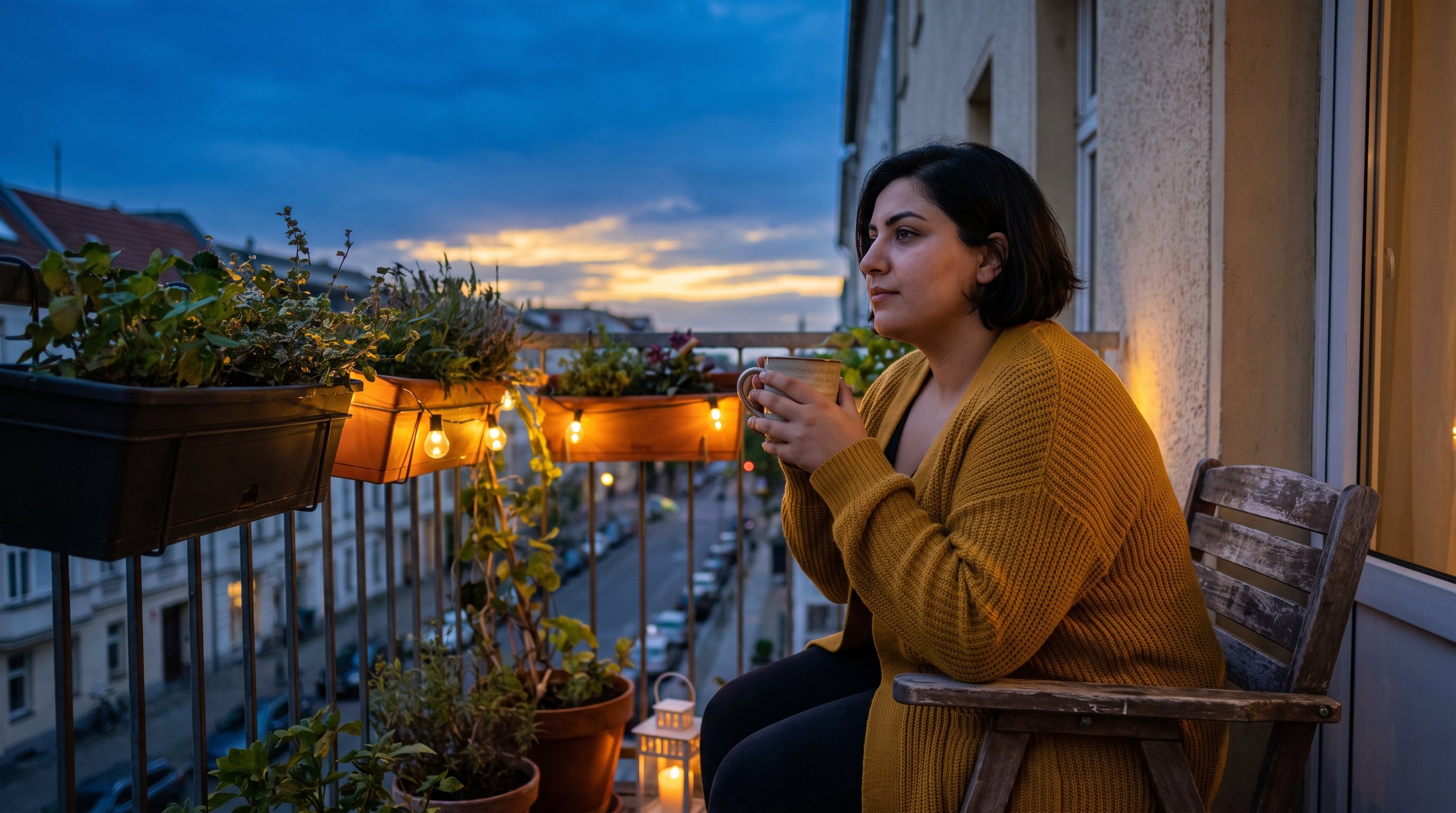 A woman in her late 20s sitting on a balcony at dusk with a cup of tea, looking at the sky