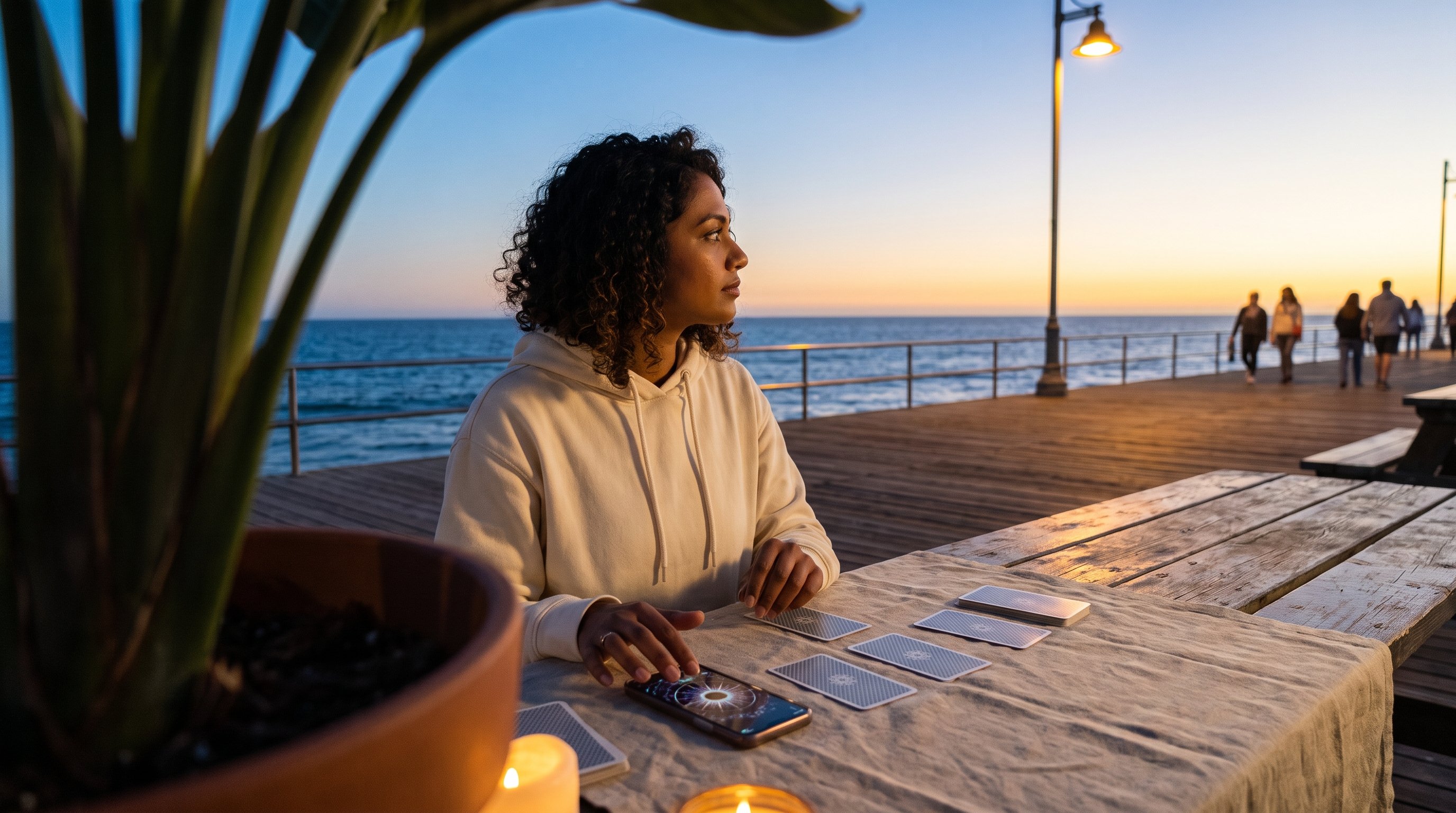 Tarot cards and a phone showing a horoscope on a linen tablecloth