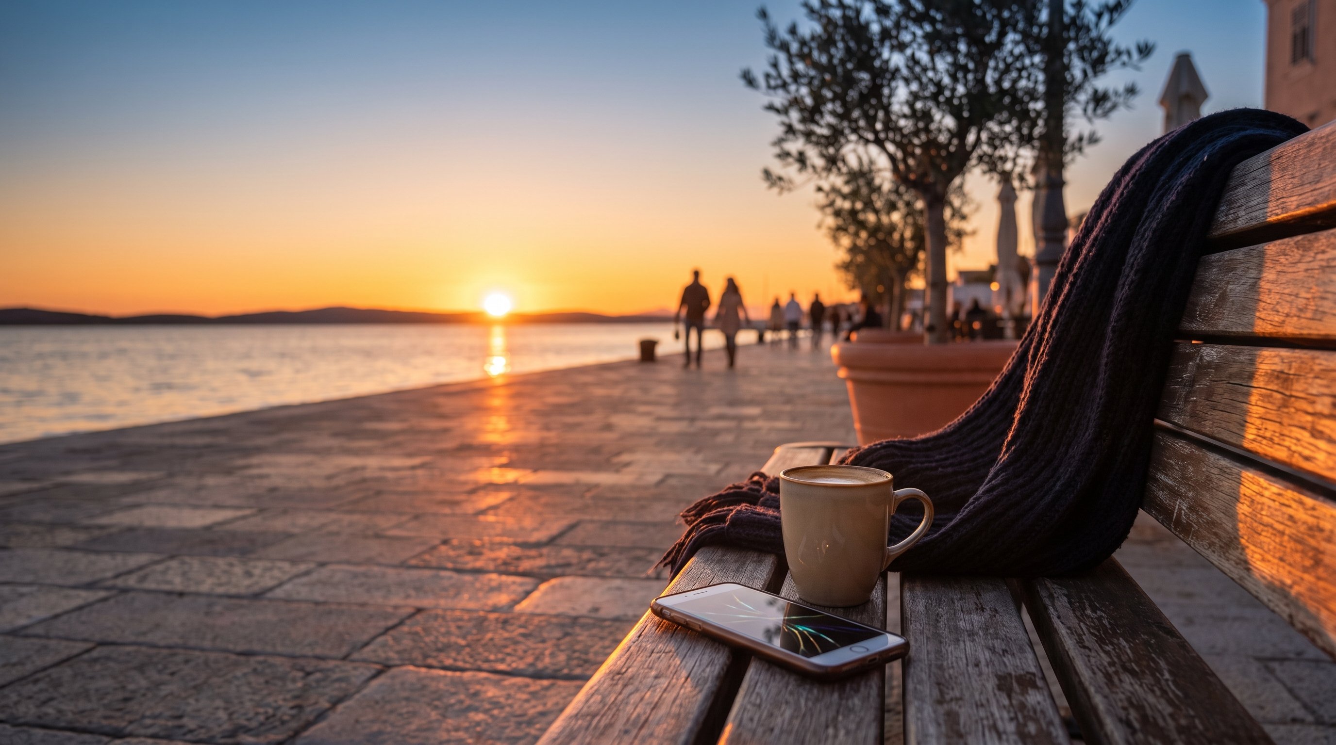 Woman reading a daily horoscope on her phone with a cup of coffee