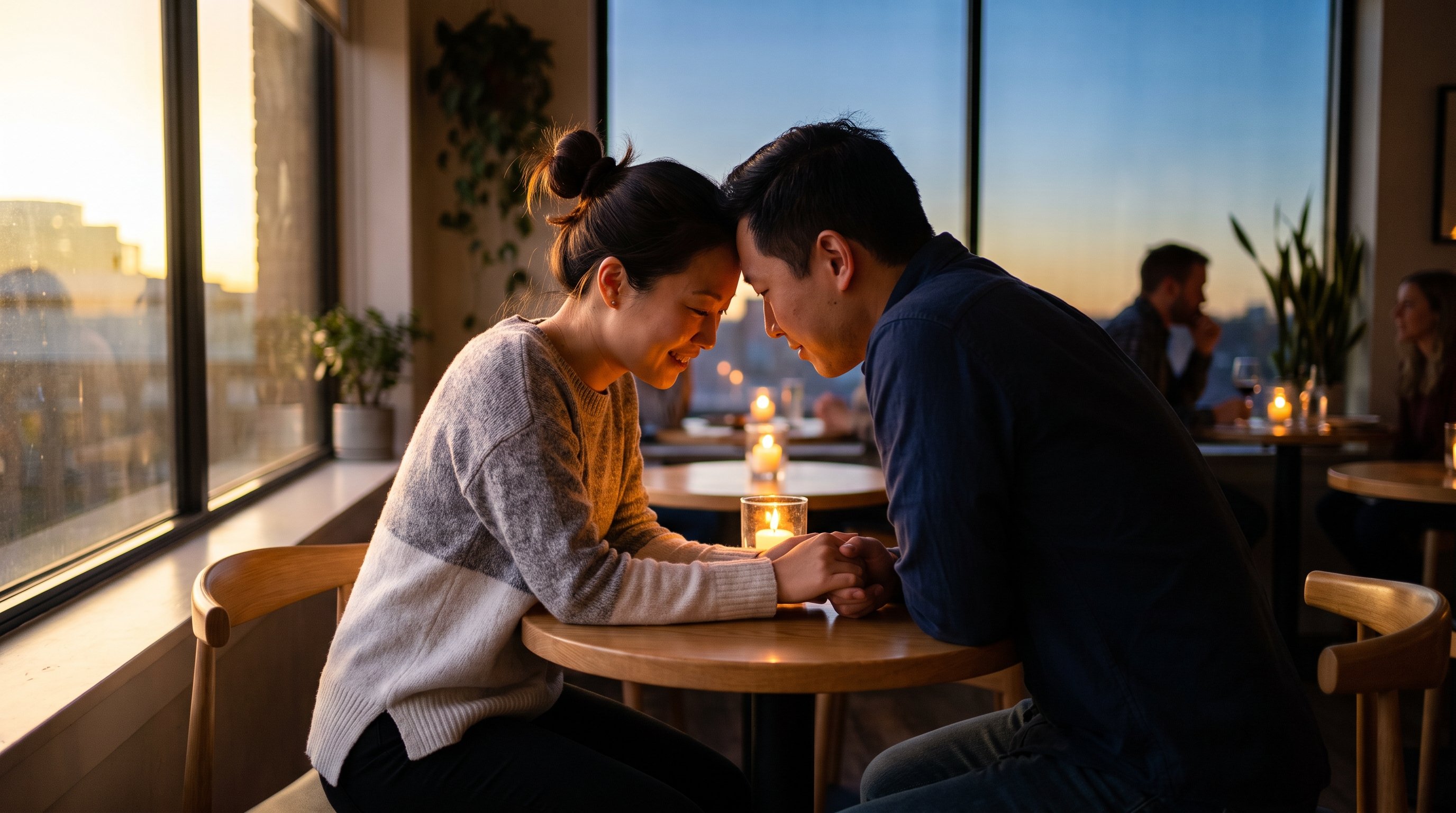 two people comparing notes on a table by a window