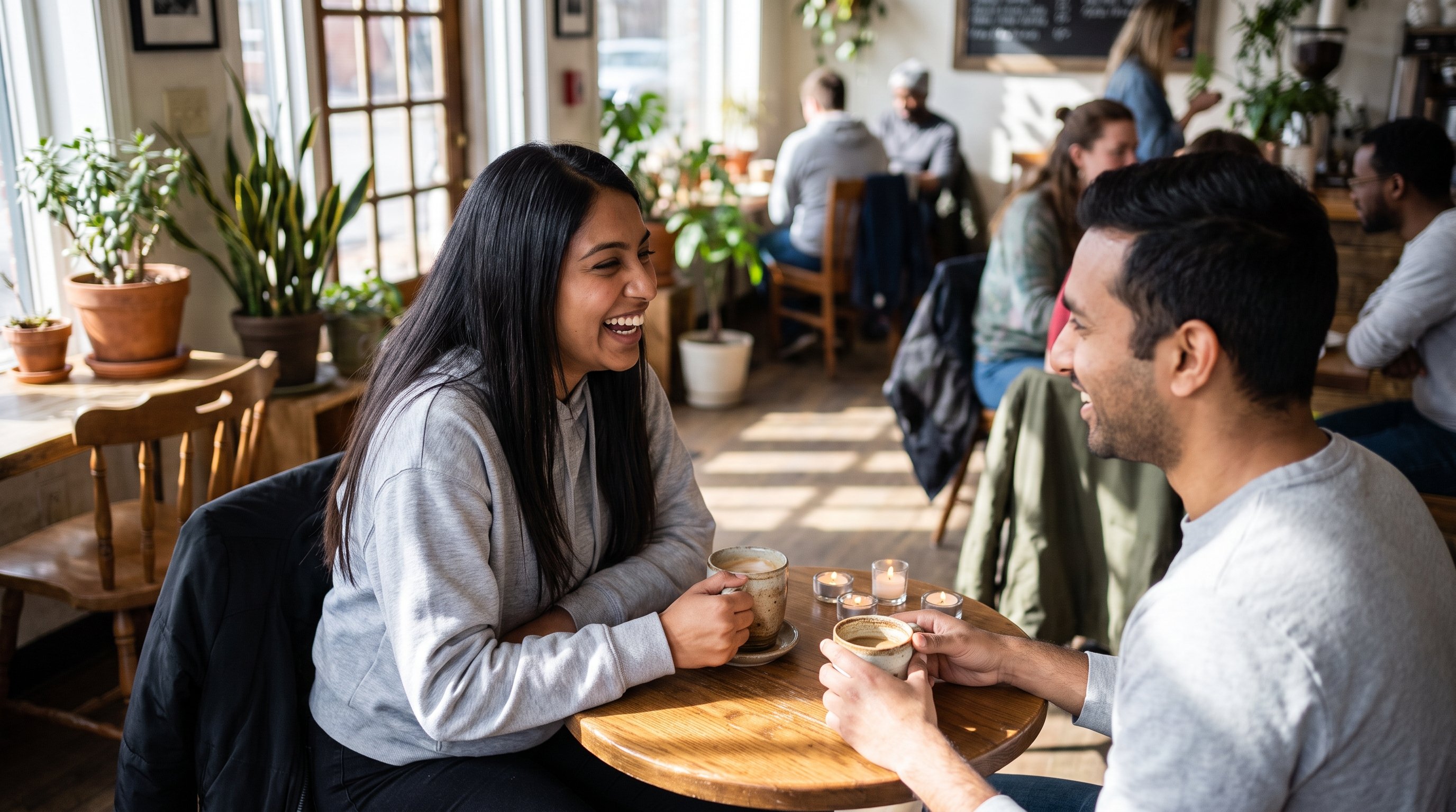 two people laughing over coffee at a small kitchen table