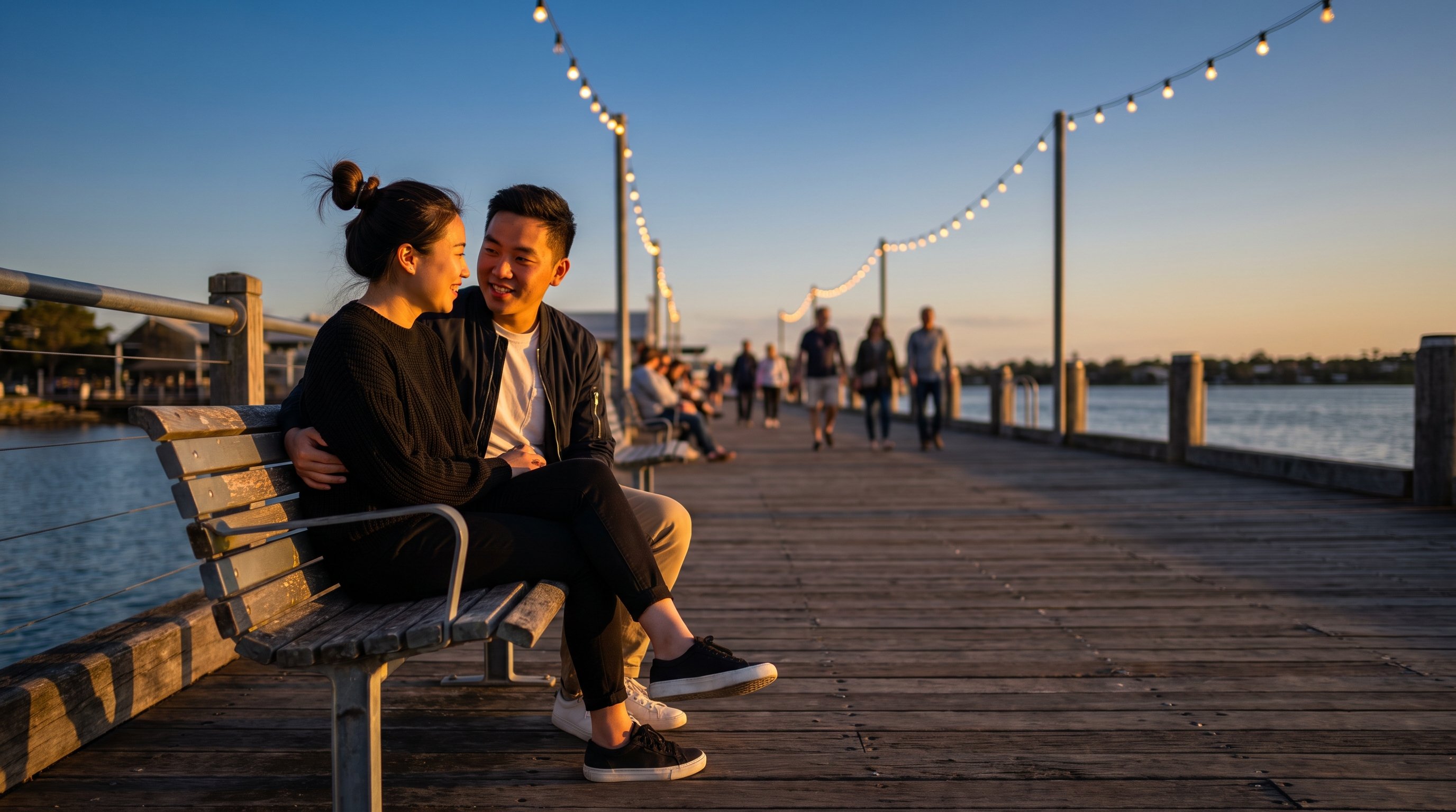 couple reading something on a phone together at a kitchen table