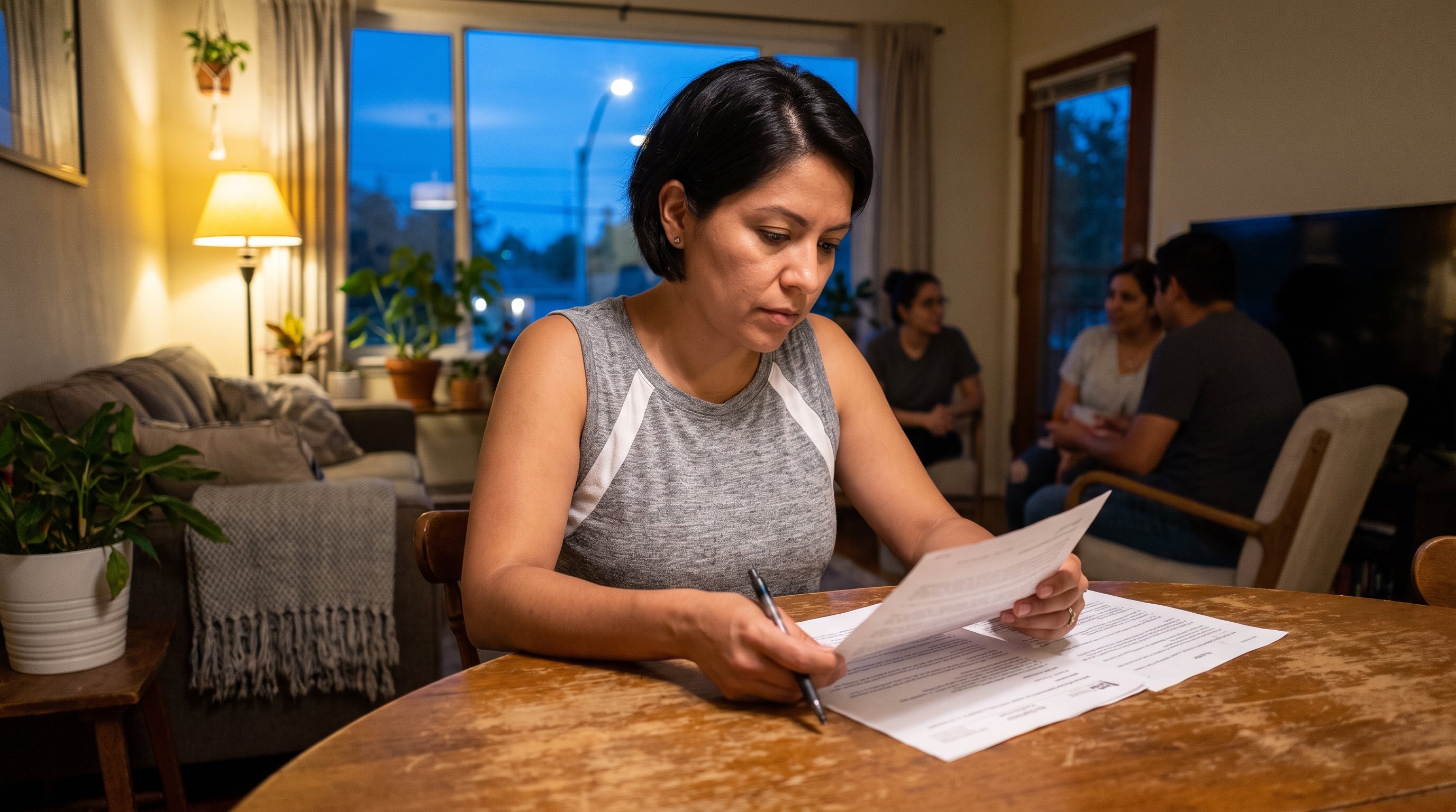 person reviewing a printed contract with a pen in hand