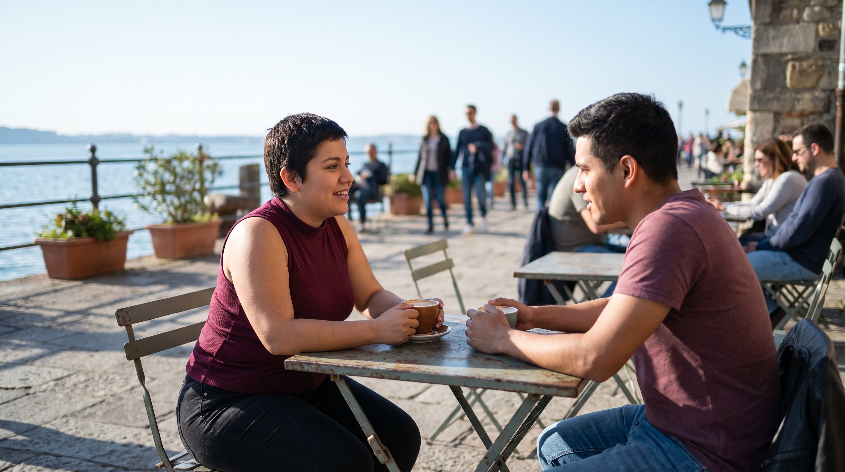 couple talking quietly over coffee at a kitchen table