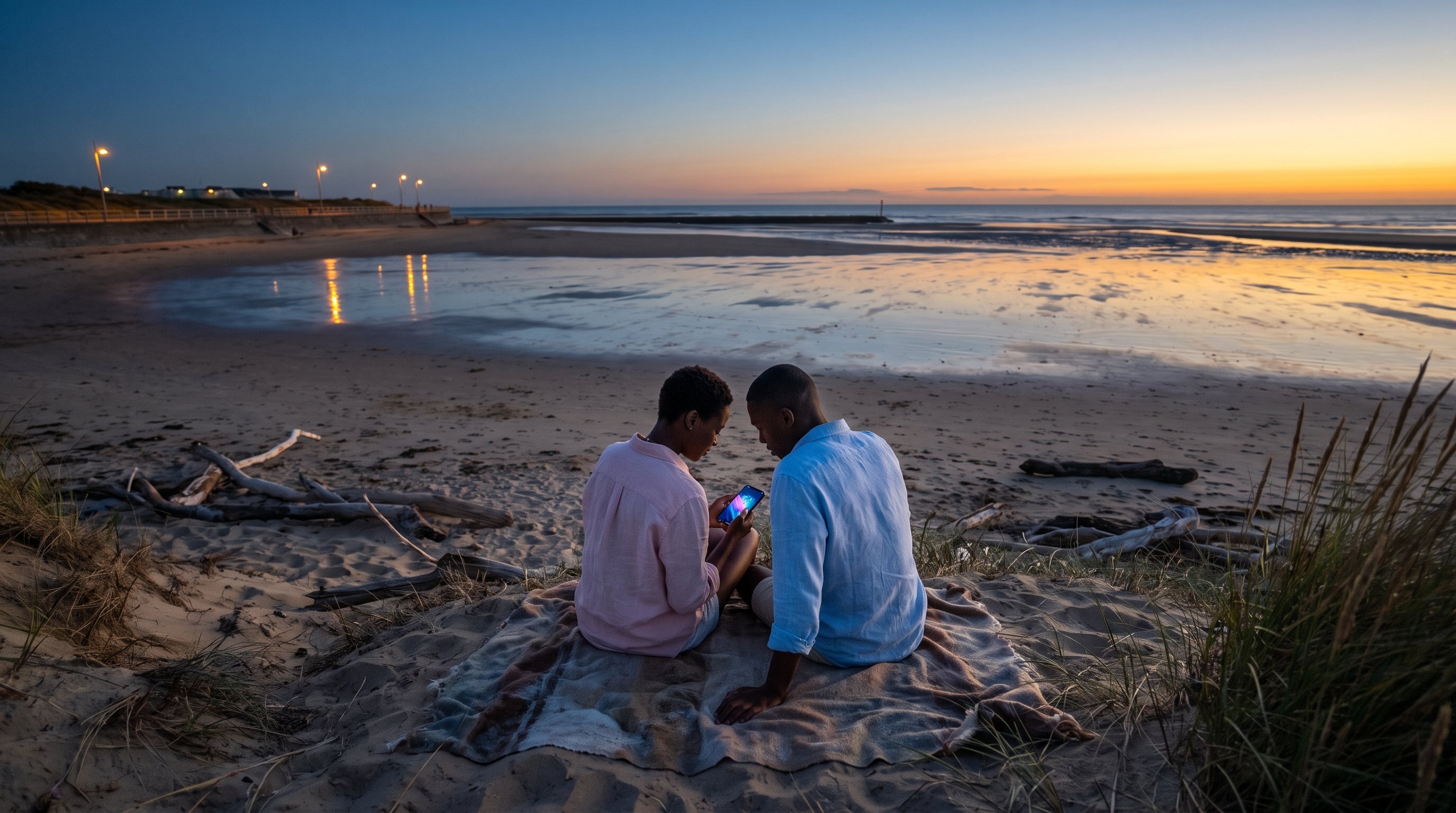 Couple looking at a compatibility report on a phone together