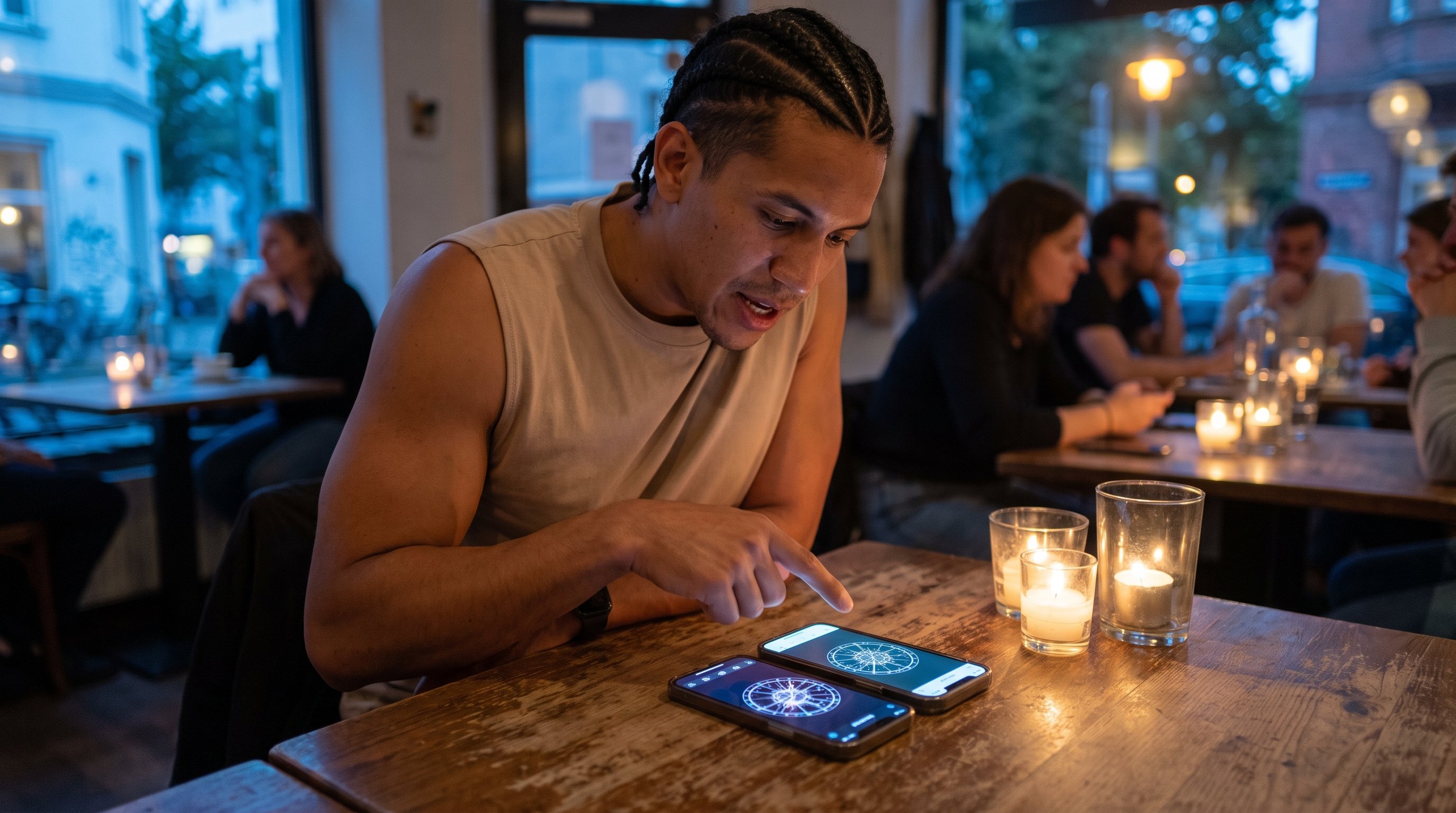 Two phones side by side showing different birth charts on a cafe table