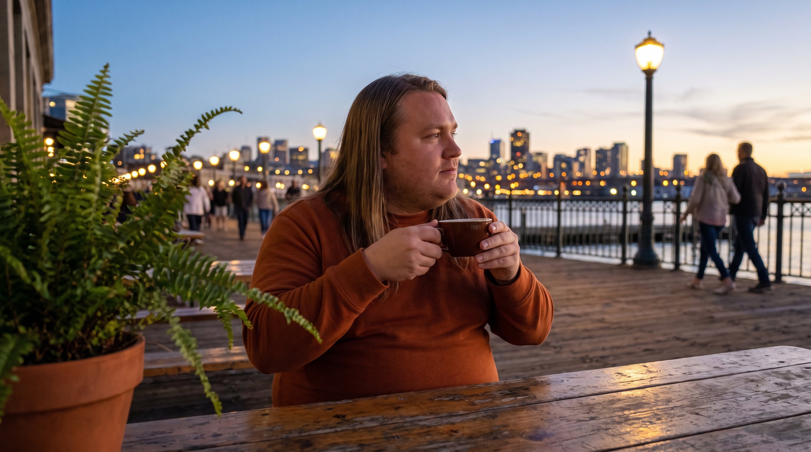 person checking phone at sunrise on balcony