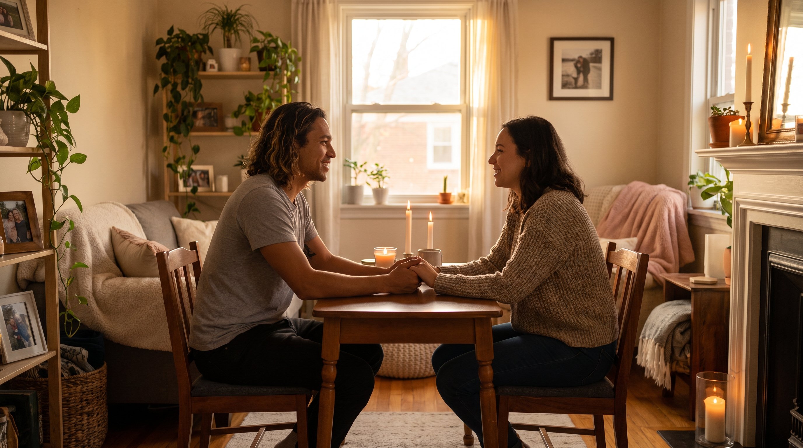two people reading a notebook together at a kitchen table