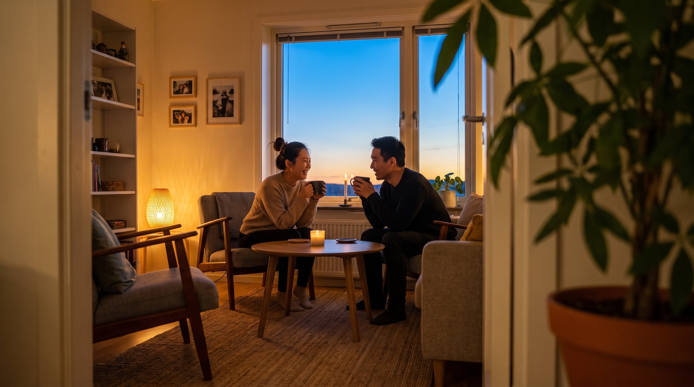 two people laughing together over coffee at a small kitchen table