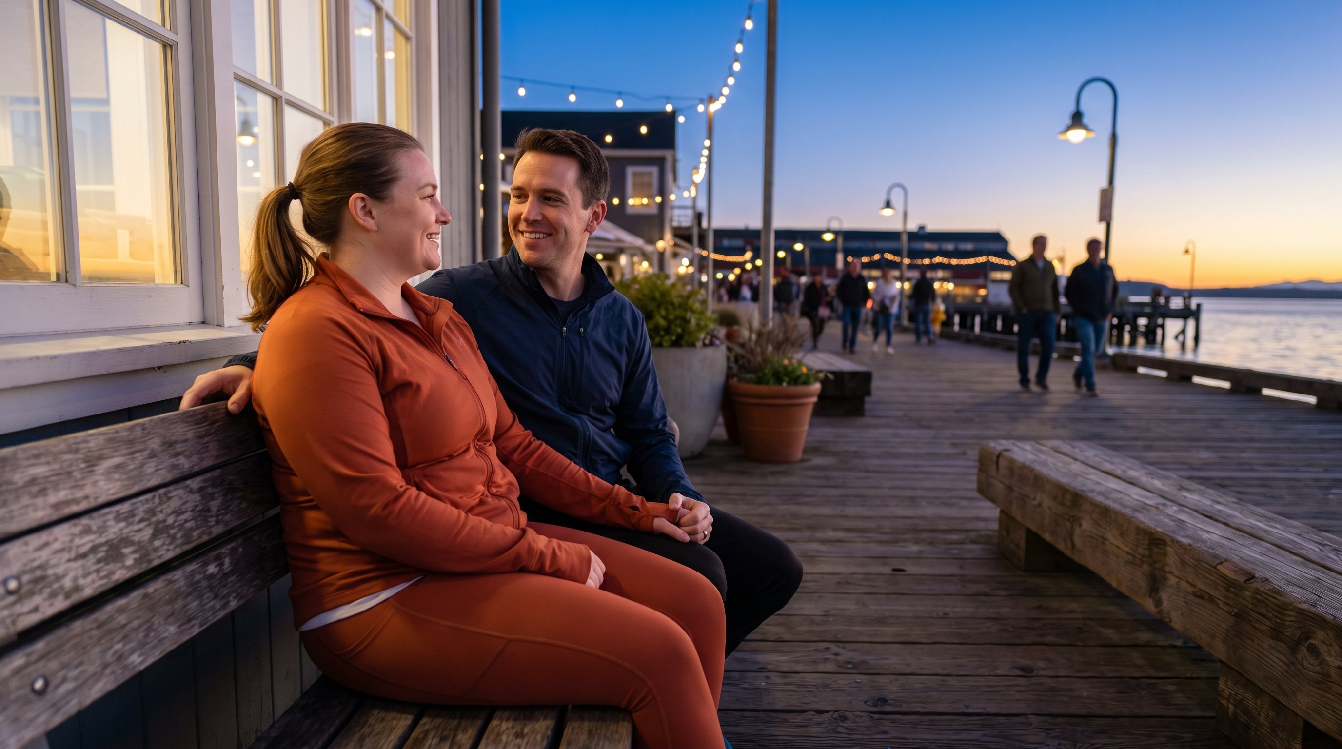 couple sitting close together on a porch swing at dusk