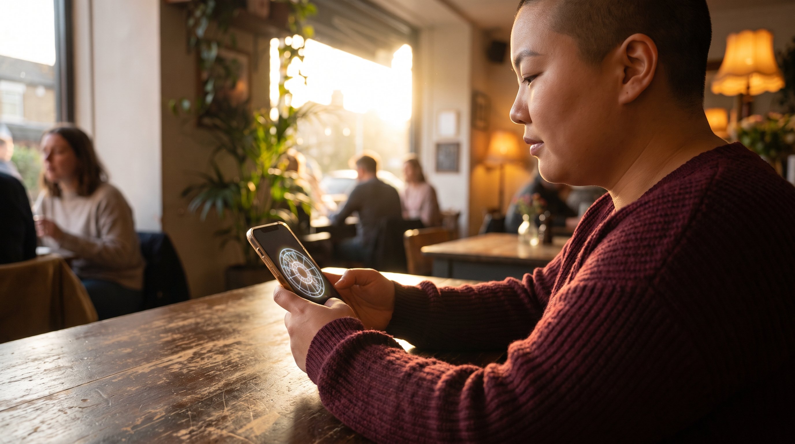Person holding a phone showing a circular birth chart wheel on a dark table