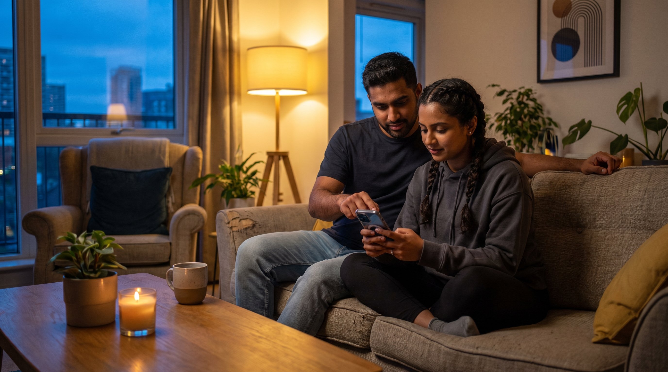 Two people comparing a compatibility report on a phone on a sofa