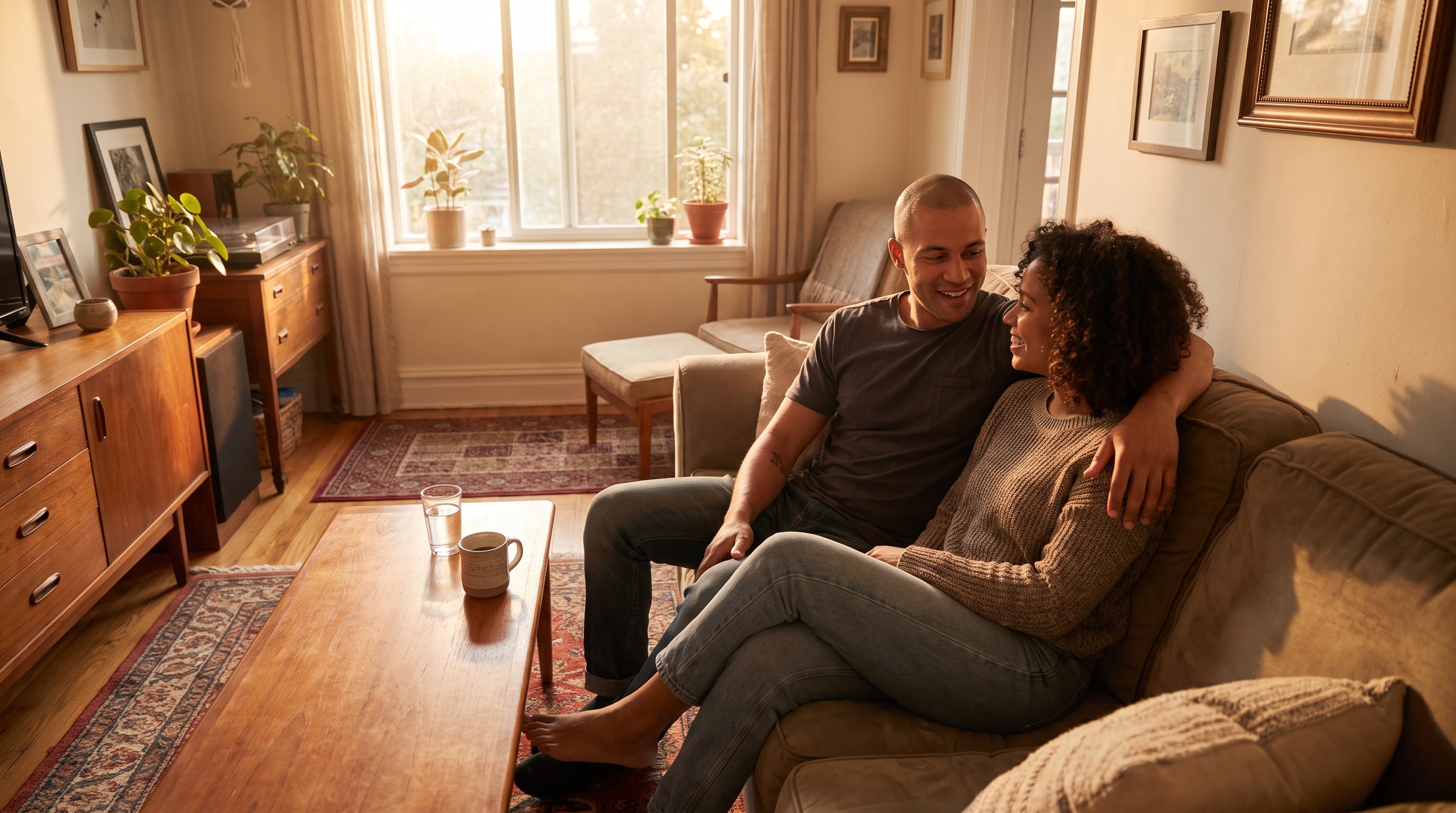 couple sitting on a sofa looking at a phone together