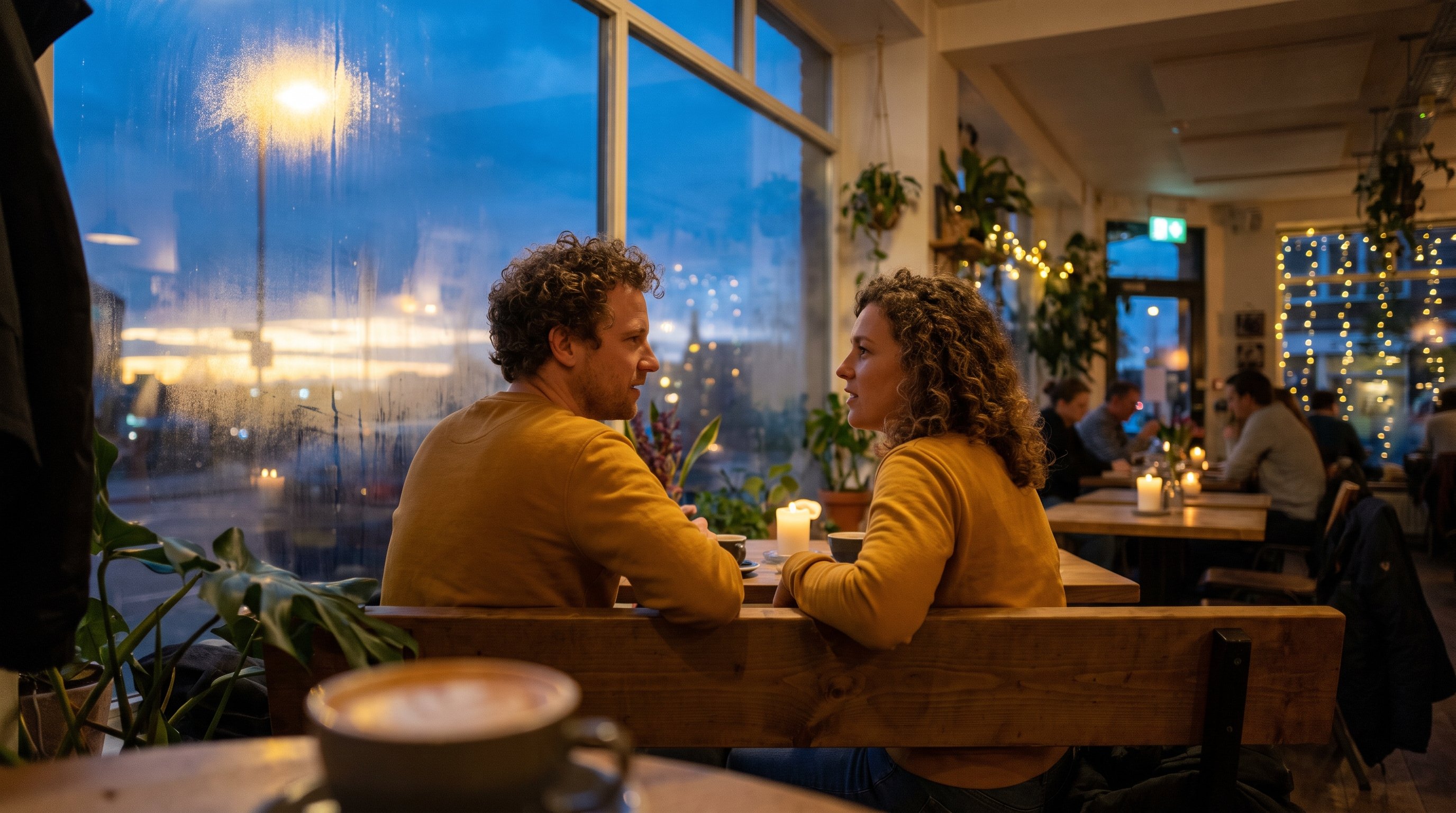 two people sitting on a porch step talking in the evening