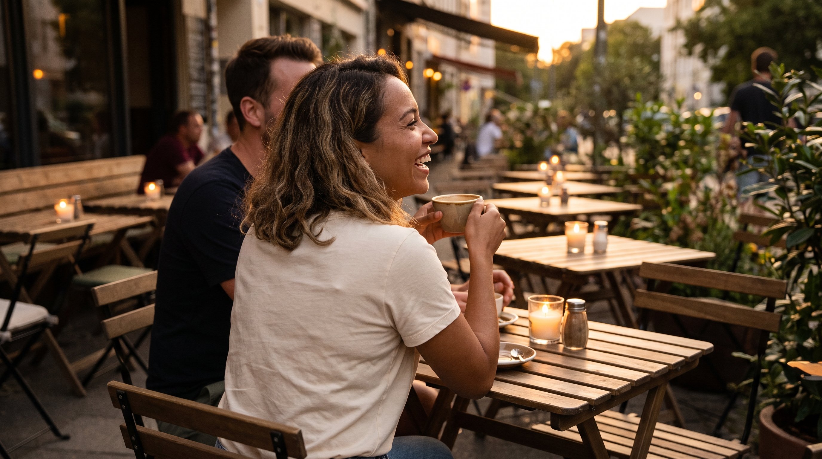 two friends laughing over coffee at a small table