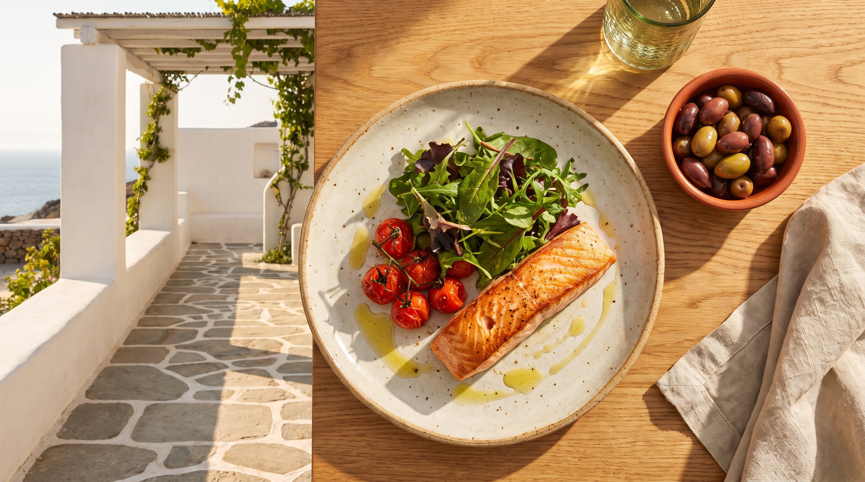 colourful plate of vegetables, olive oil and oily fish