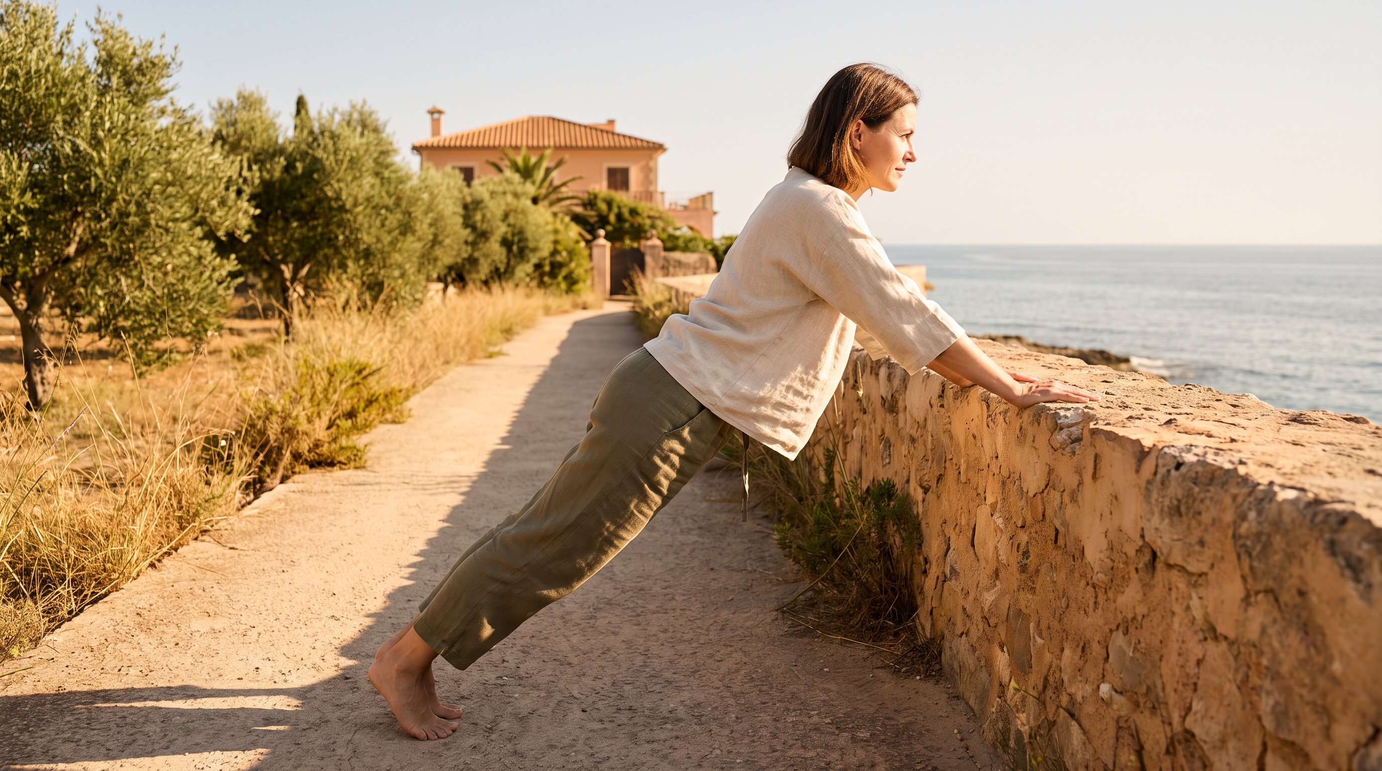 older adult doing a wall push-up in a kitchen