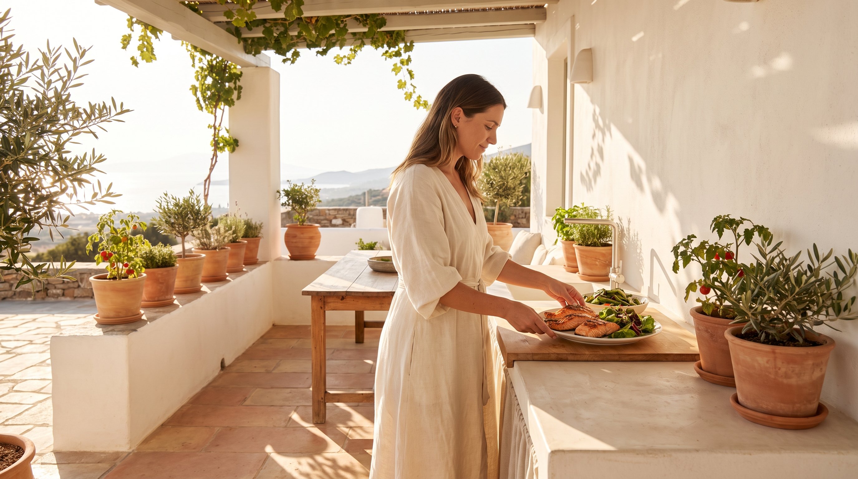 A woman in her 30s in natural linen preparing a plate of grilled salmon and greens in a whitewashed terrace kitchen