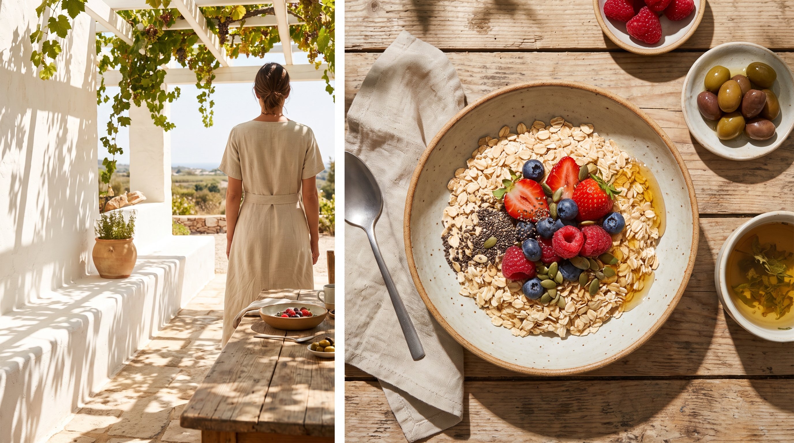 bowl of oats with berries and seeds on a table