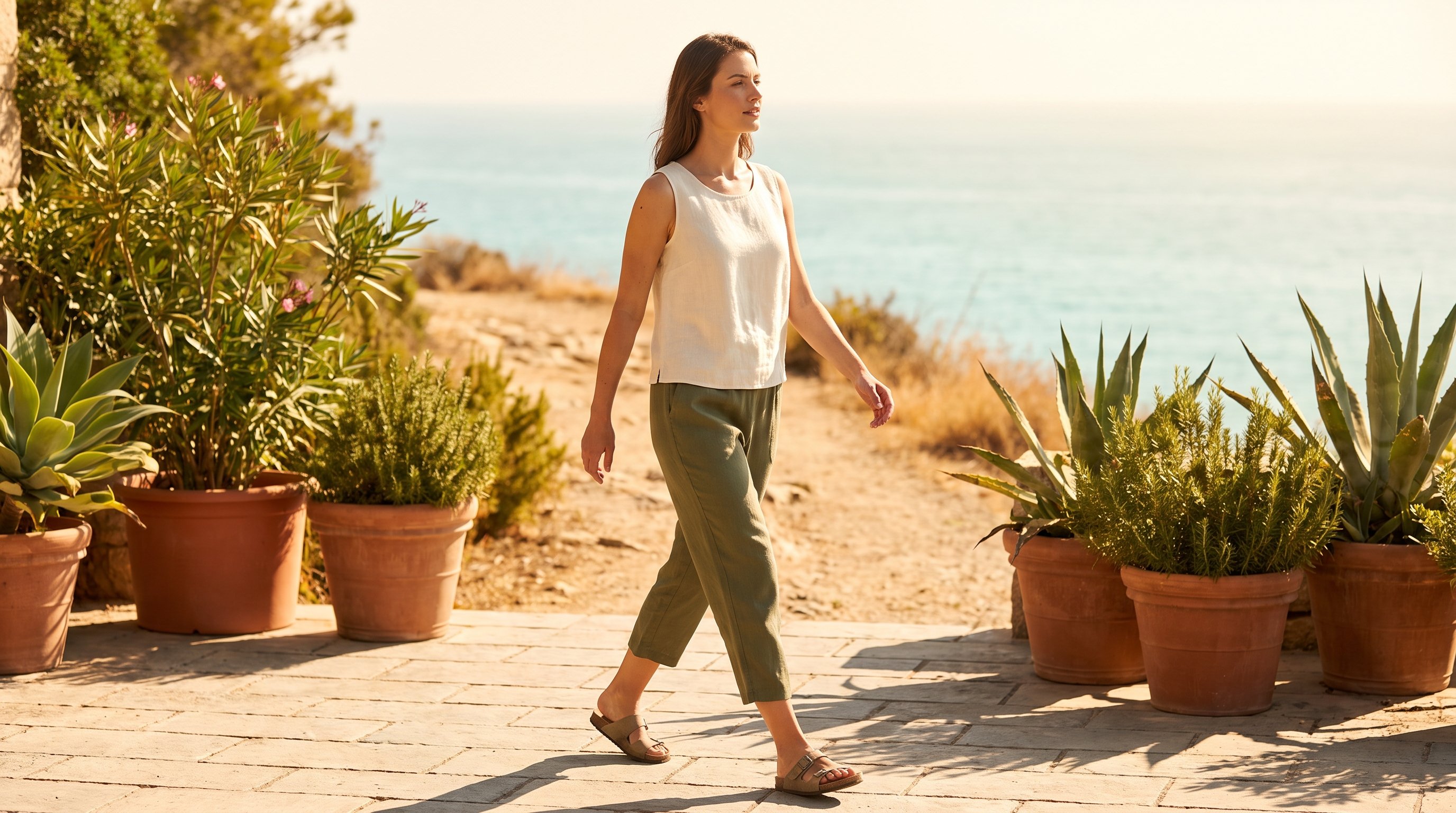 woman walking briskly through neighbourhood street in the morning
