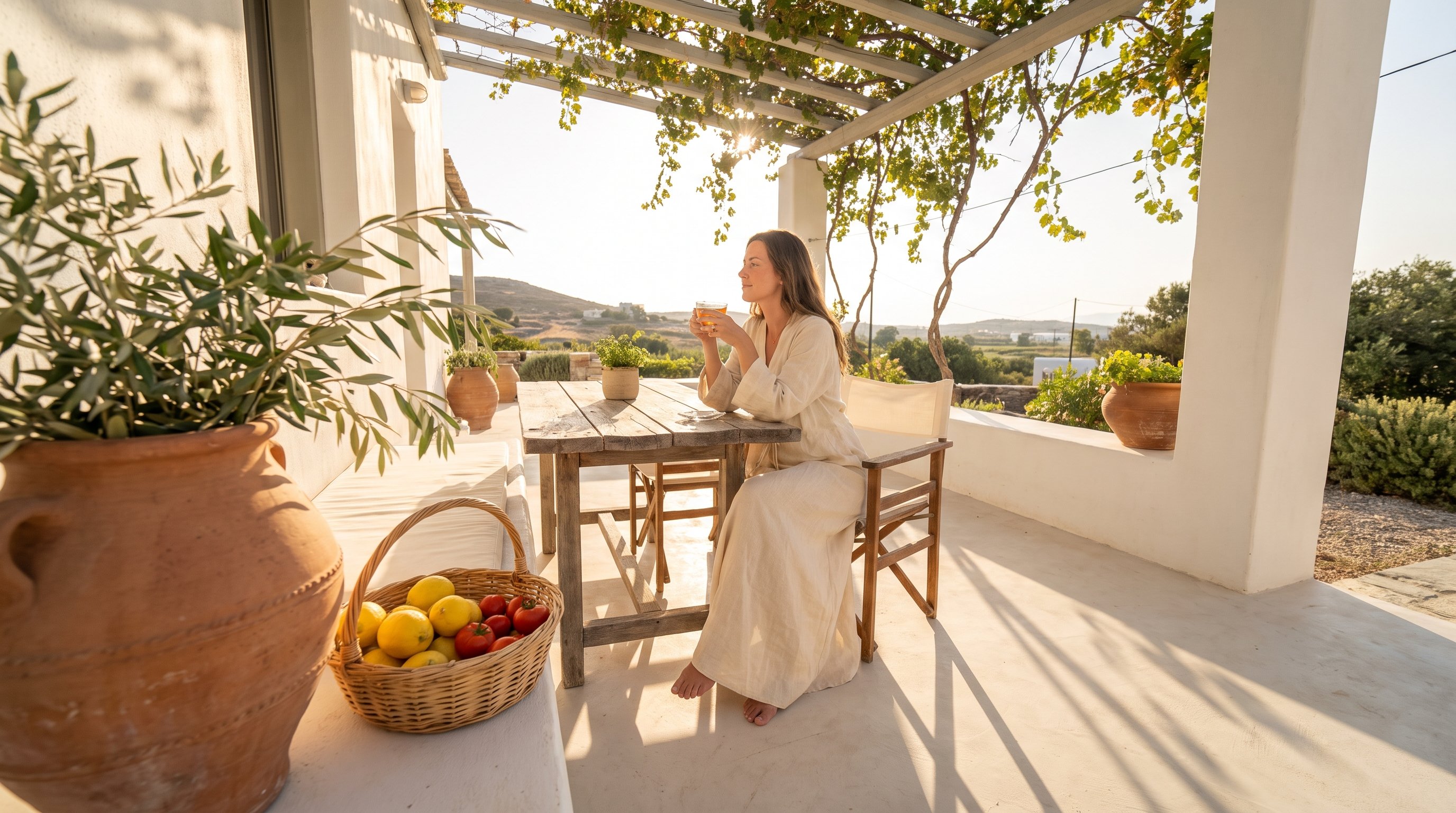 A woman in her 30s in natural linen sitting calmly at a terrace table under a pergola with a cup of tea